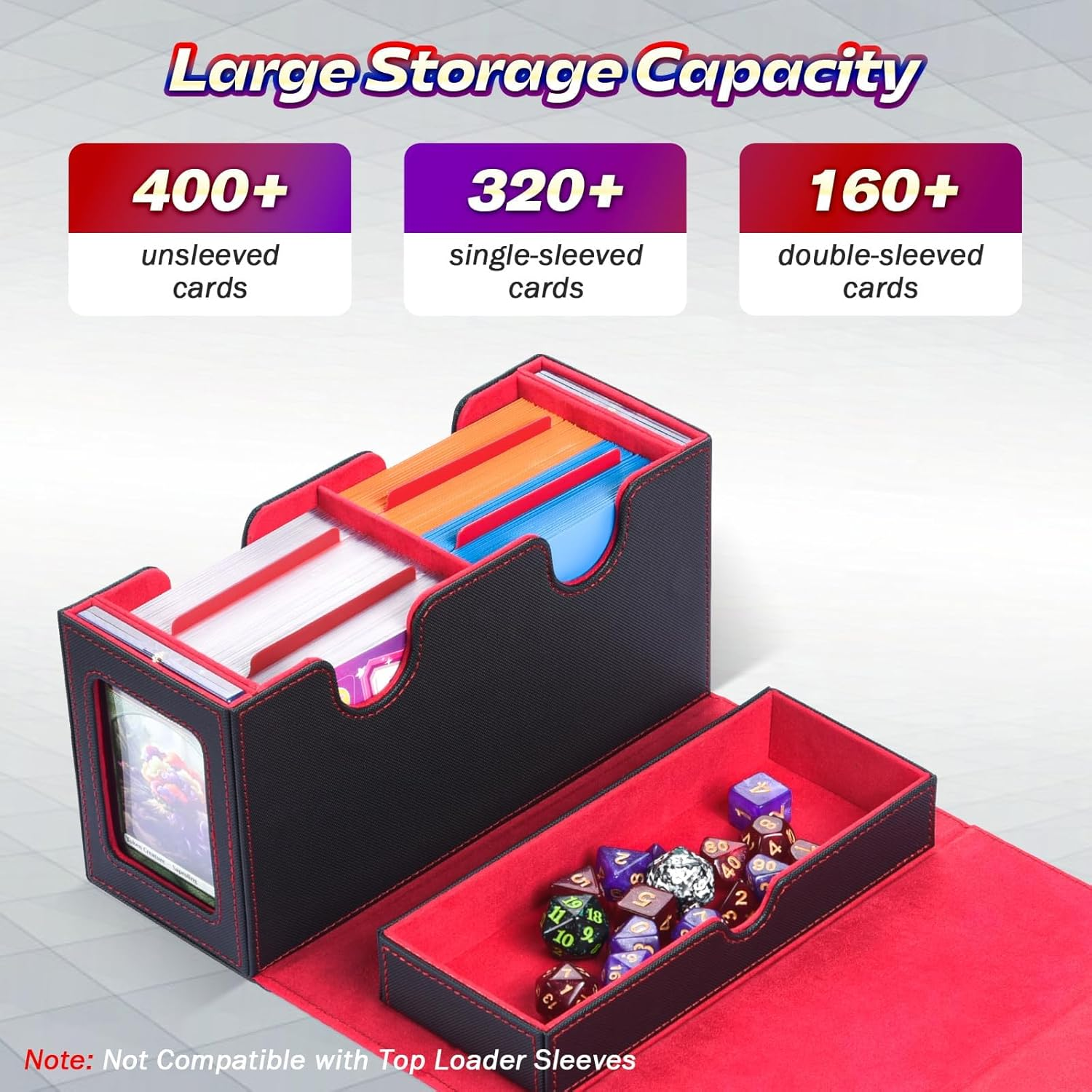 MTG Deck Box with 2 Commander Displays & Dice Tray, Fits 320+ Single Sleeved Cards, Trading Card Storage with 4 Dividers & 35Pt Card Brick for Magic, TCG, and Collectible Cards (Red) - Gray image number 4