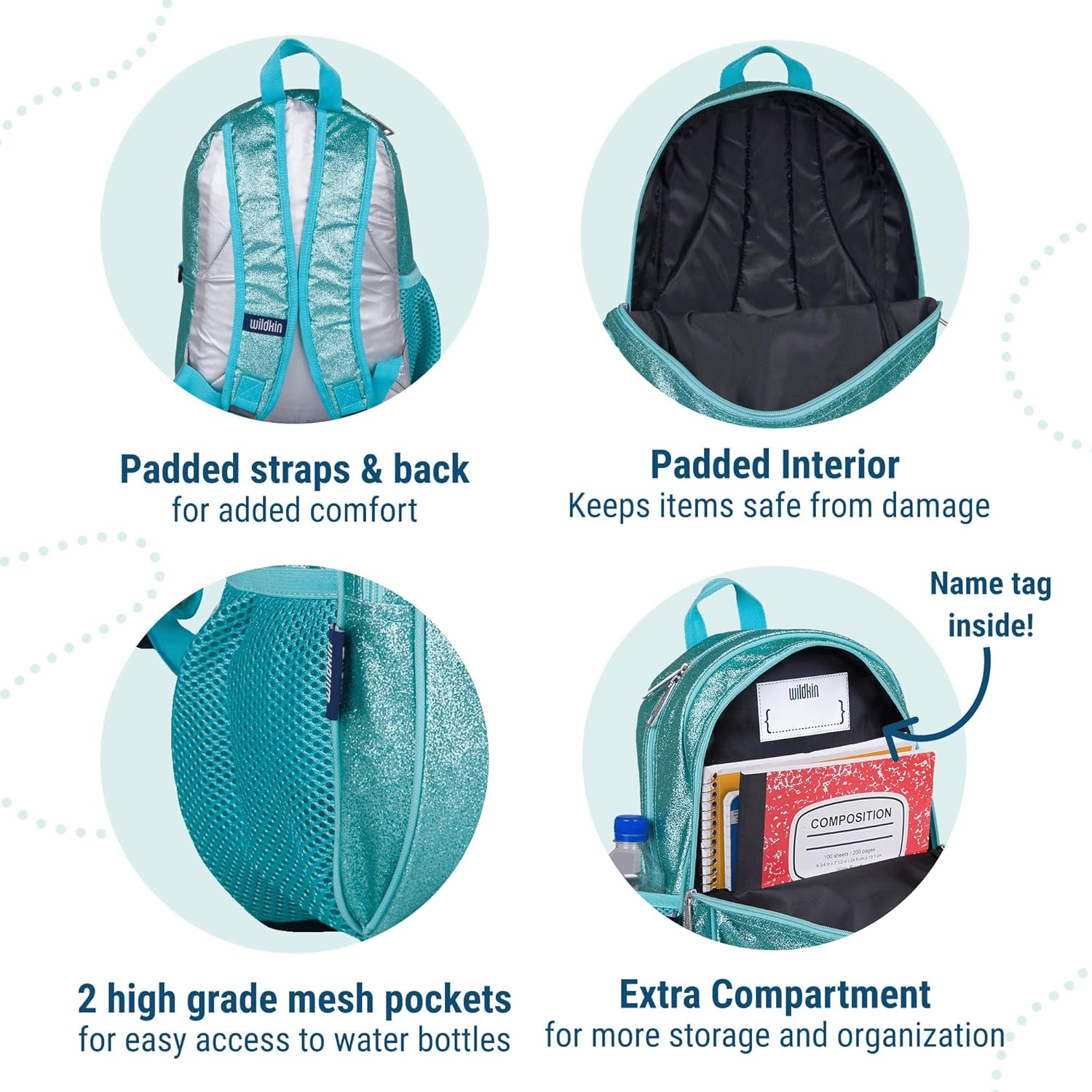 Wildkin Kids 15 Inch Backpack for Boys and Girls, Perfect Size for Preschool, Kindergarten and Elementary School, 600-Denier Polyester Fabric Backpacks, Bpa-Free, (Blue Glitter) - Ballerina image number 4