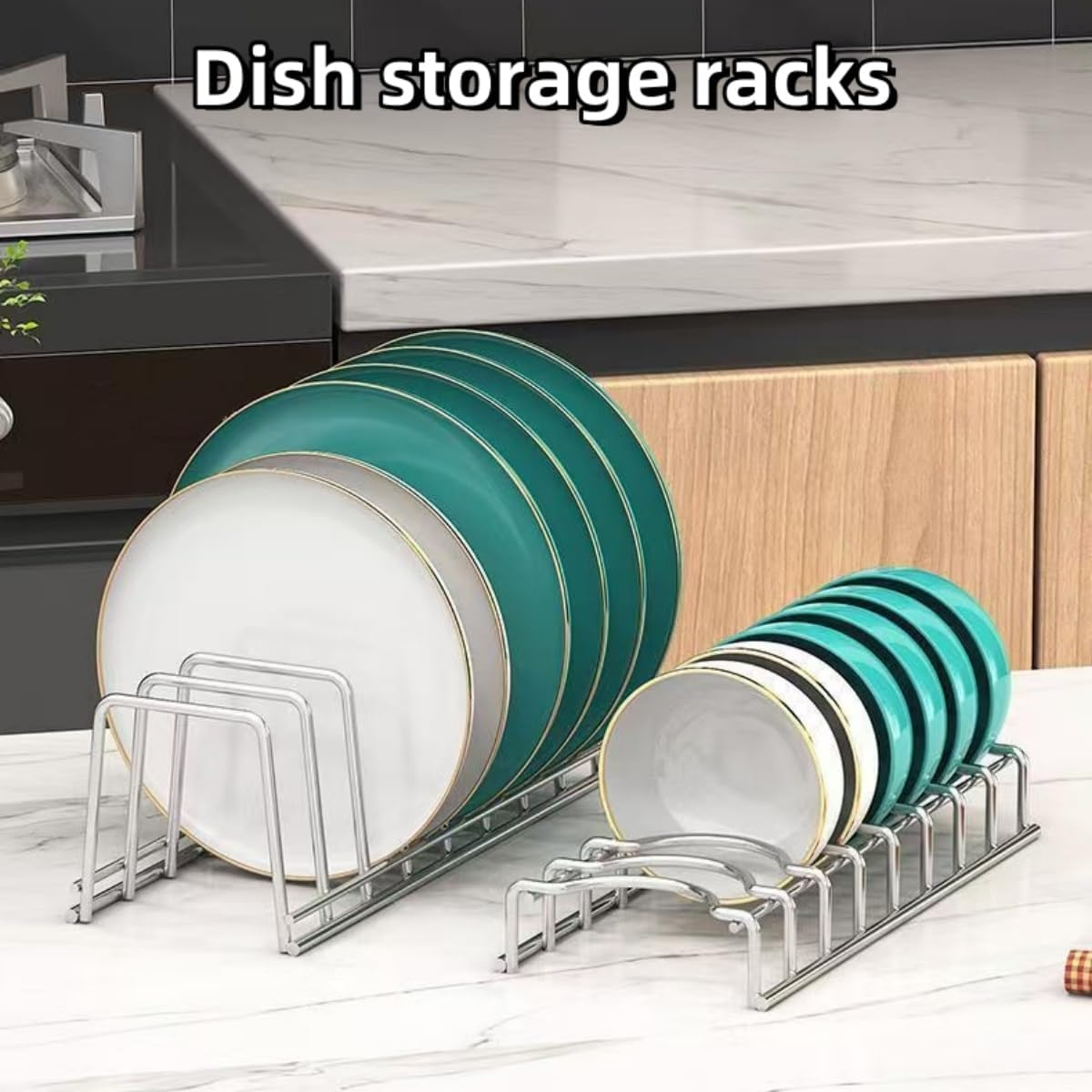SHUTKMVCW Dish Rack Plates Holder 2 Pack Set, Plate Organizer for Cabinet Space Saver, Pan Lid Organizer, Kitchen Storage Cabinet Organizer for Plates/Bowls/Cups/Lids/Cutting Boards/Spatulas image number 5