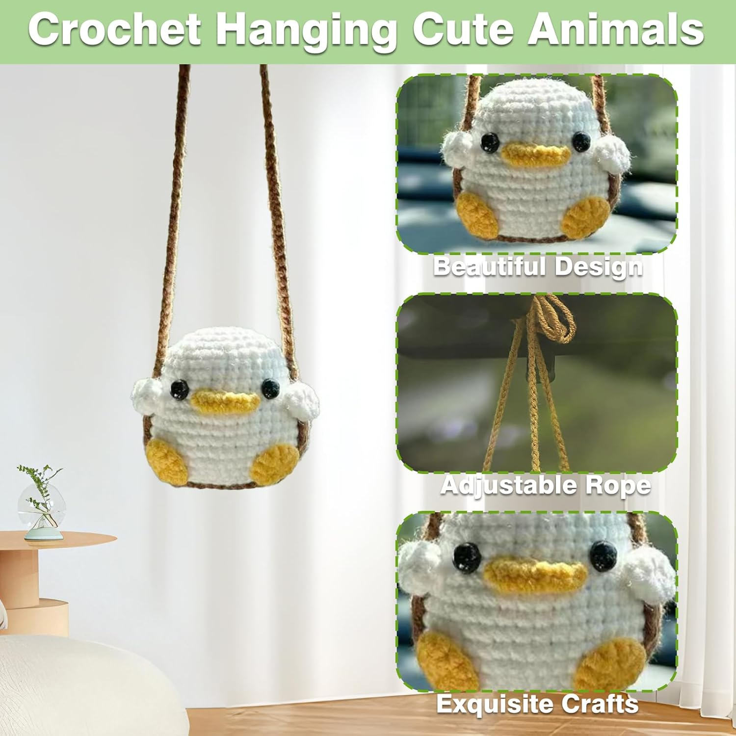 Crochet Swinging Duck Car Mirror Hanging Accessories, Cute Car Decorations for Women Aesthetic, Handmade Knitted Rearview Mirror Accessories Crochet Duck Home Office Decor Ornaments - Chicken image number 6