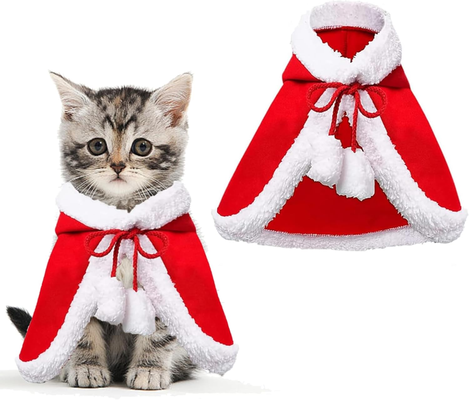 Cat Costume Christmas Costume Cats Dog Costume Red Plush Warm Christmas Clothing Pet Christmas Hat Adjustable Cape Christmas Party Winter Outfit image number 3