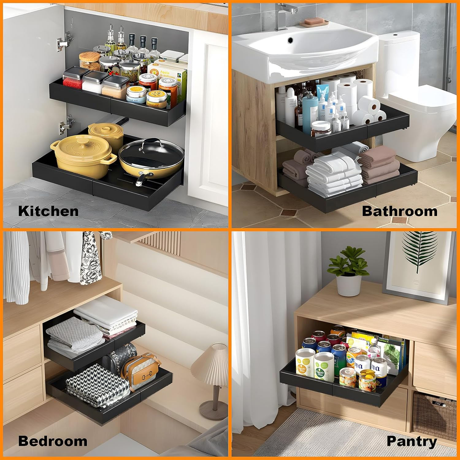 Pull Out Cabinet Organizer, Expandable Heavy Duty Slide Out Drawers Fixed with Adhesive Nano Film, Roll Out Shelf Storage for Kitchen Base Cabinet Organization,Pantry,Bathroom, Black 1Pcs(17.1"-26.7") image number 3