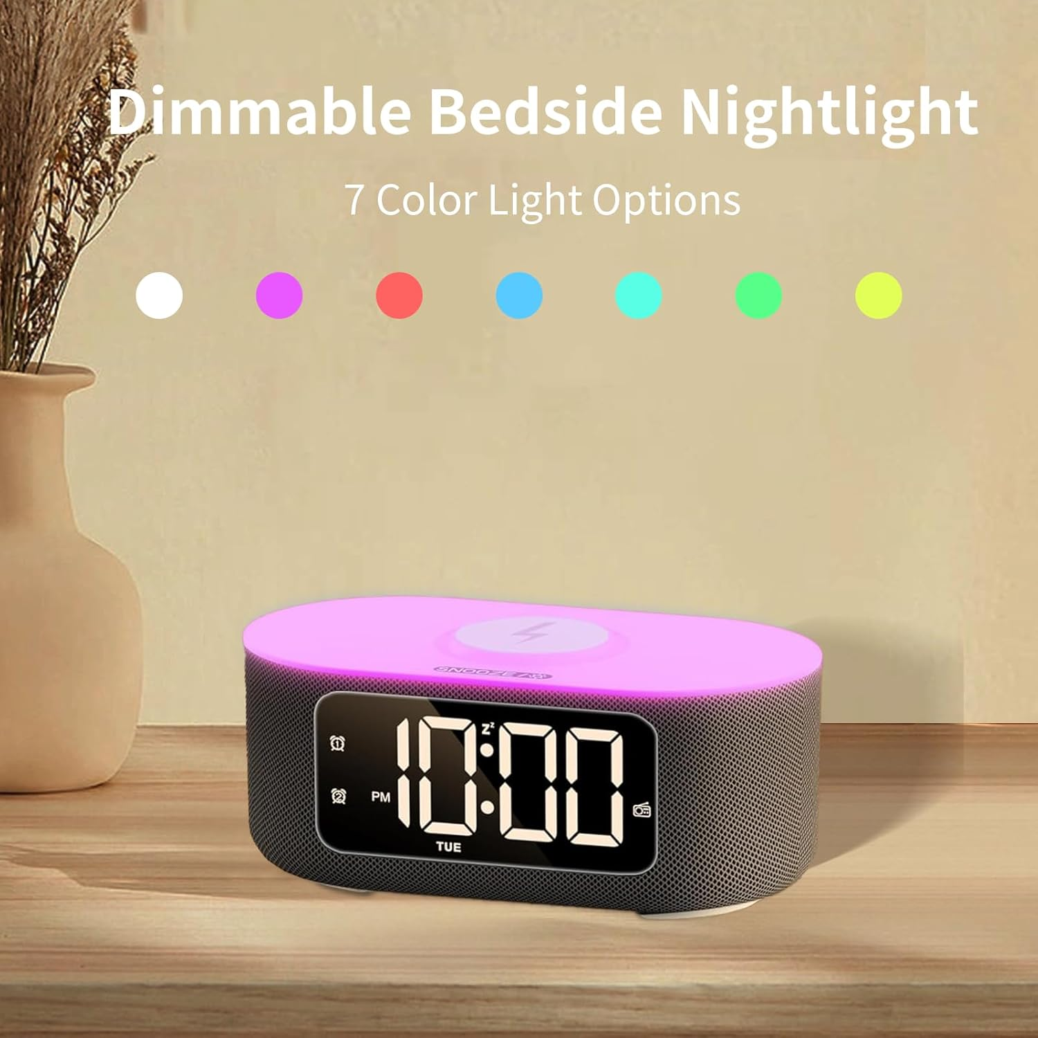 White Noise Machine & Alarm Clock with 25 Sounds, Bluetooth Stereo Speaker, 15W Fast Wireless Charger, Digital Clock with FM Radio, 10 Colors Nightlight, Snooze, Dimmer, Sleep Timer for Baby & Adults image number 2