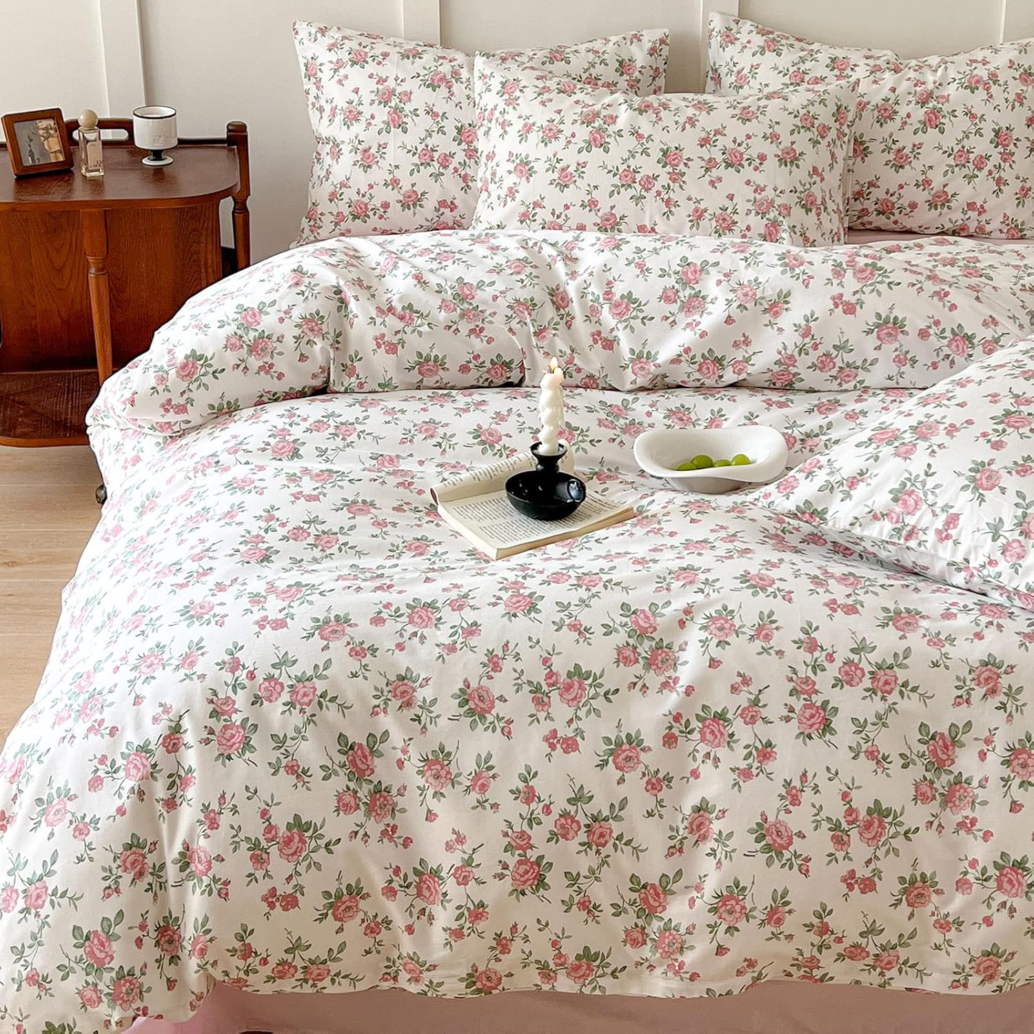 Floral Duvet Cover Set Twin Size Kids Pink 100% Cotton Aesthetic Bedding Sets Girl Women 3 Pieces Floral Branch Comforter Cover with Zipper Ties Garden Bedding Cover image number 6