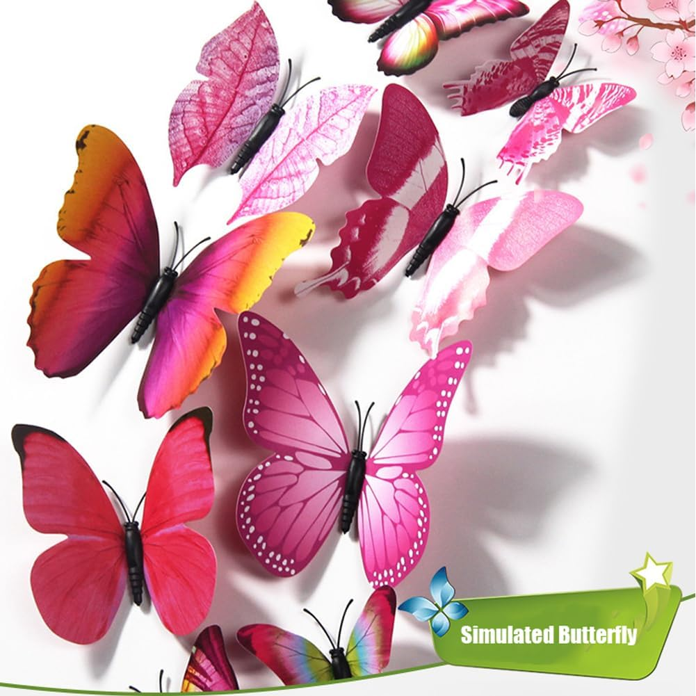24Pcs Butterfly Wall Decor 3D Butterflies Stickers Lifelike Butterfly Decoration Removable and Reusable Removable Stickers Wall Decals (Red, Green) - Blue, Yellow image number 4