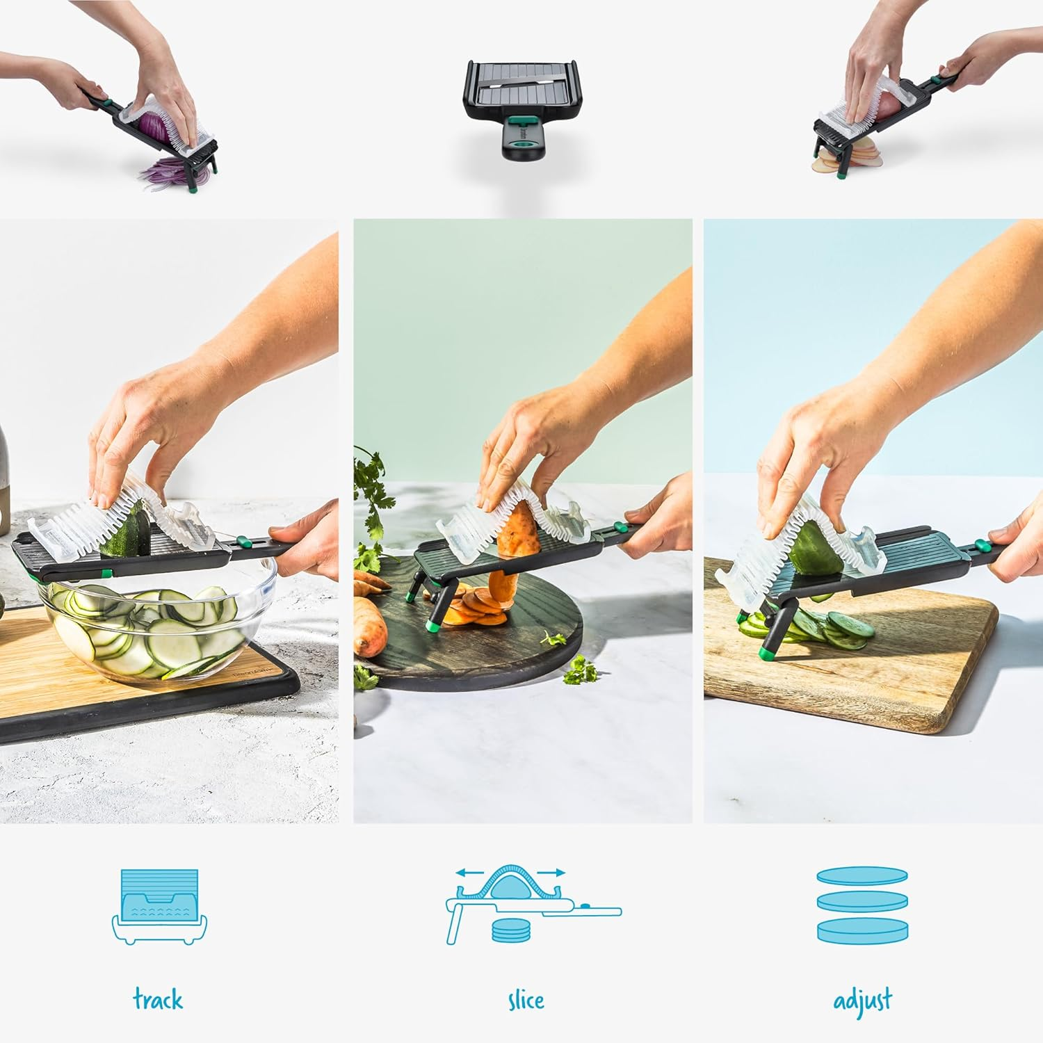 Dreamfarm Nocutu Handheld Safety Mandoline Slicer, Food Vegetable Cutter with Non-Slip Bowl Hook & Foot - Adjustable 1-3Mm Slicer, Black/Green image number 3