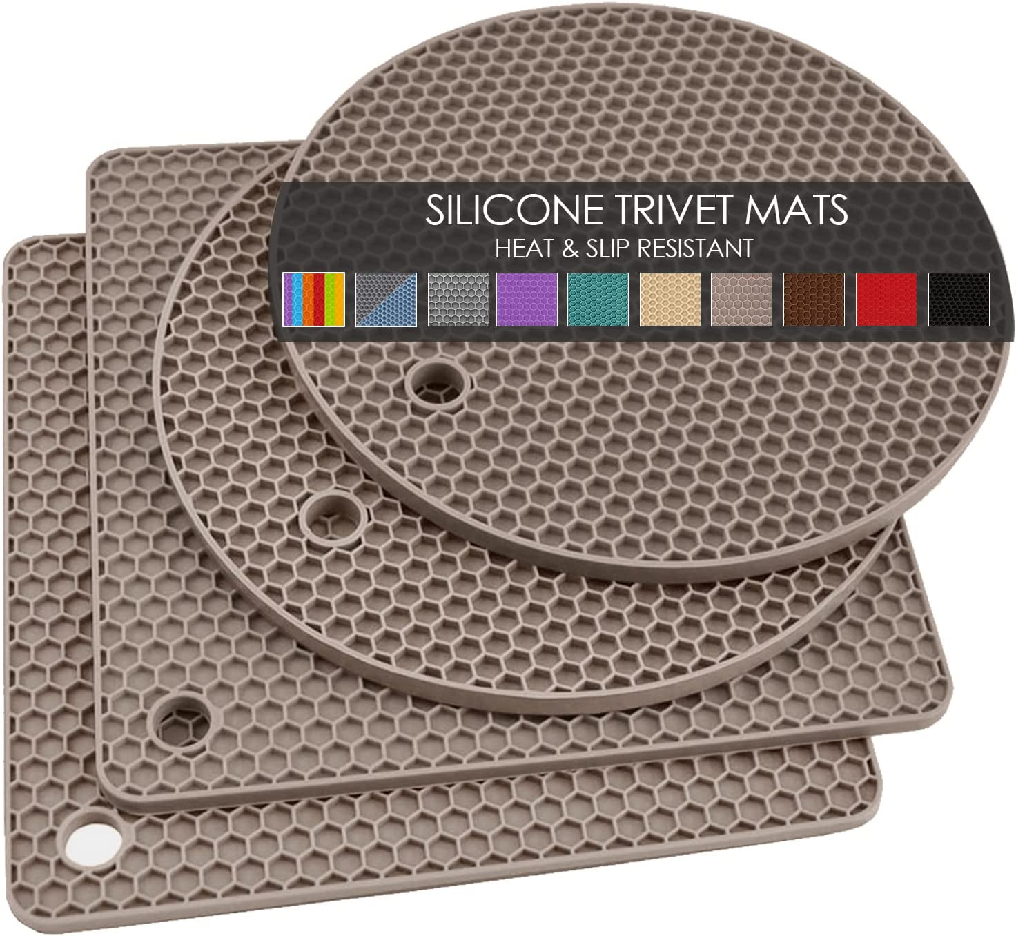 Silicone Pot Holders Set of 4- Silicone Trivets Mats for Hot Pan and Pot Pads. Heat Resistant Counter Mats for Tables, Countertops, Spoon Rest and Large Coasters, 4 Pack Dark Gray Squared Mats