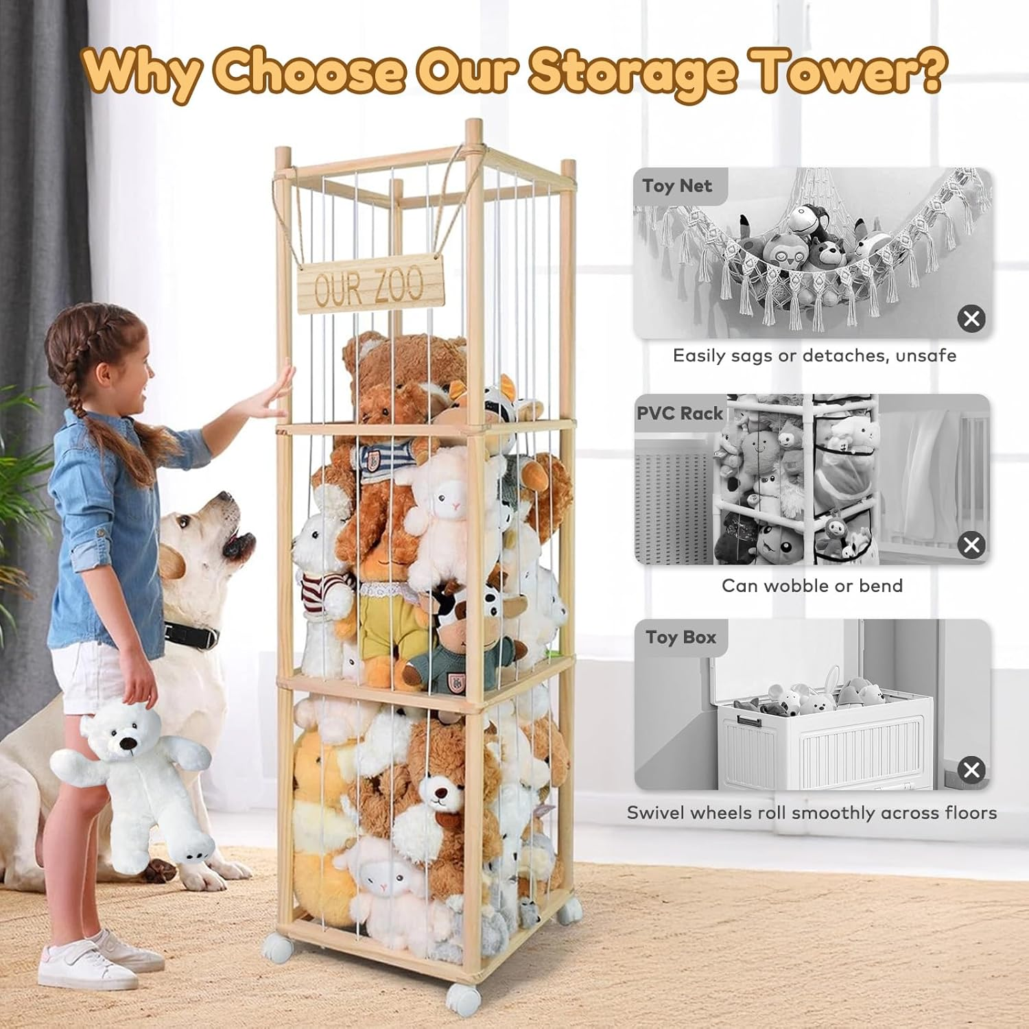 Wooden Plush Toy Storage Tower with Wheels, Stuffed Animal Storage Elastic Cord Cage for Plush Toys, Soft Toy Organiser for Kids' Room & Play Area image number 4