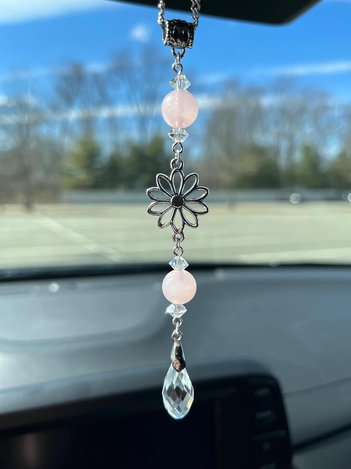 Agromusk Flower Rear View Mirror Car Charms,Crystal BOHO Car Mirror Hanging Decor for Women Men Healing Blue Aquamarine Sun Catcher Cute Car Decorations Accessories image number 3