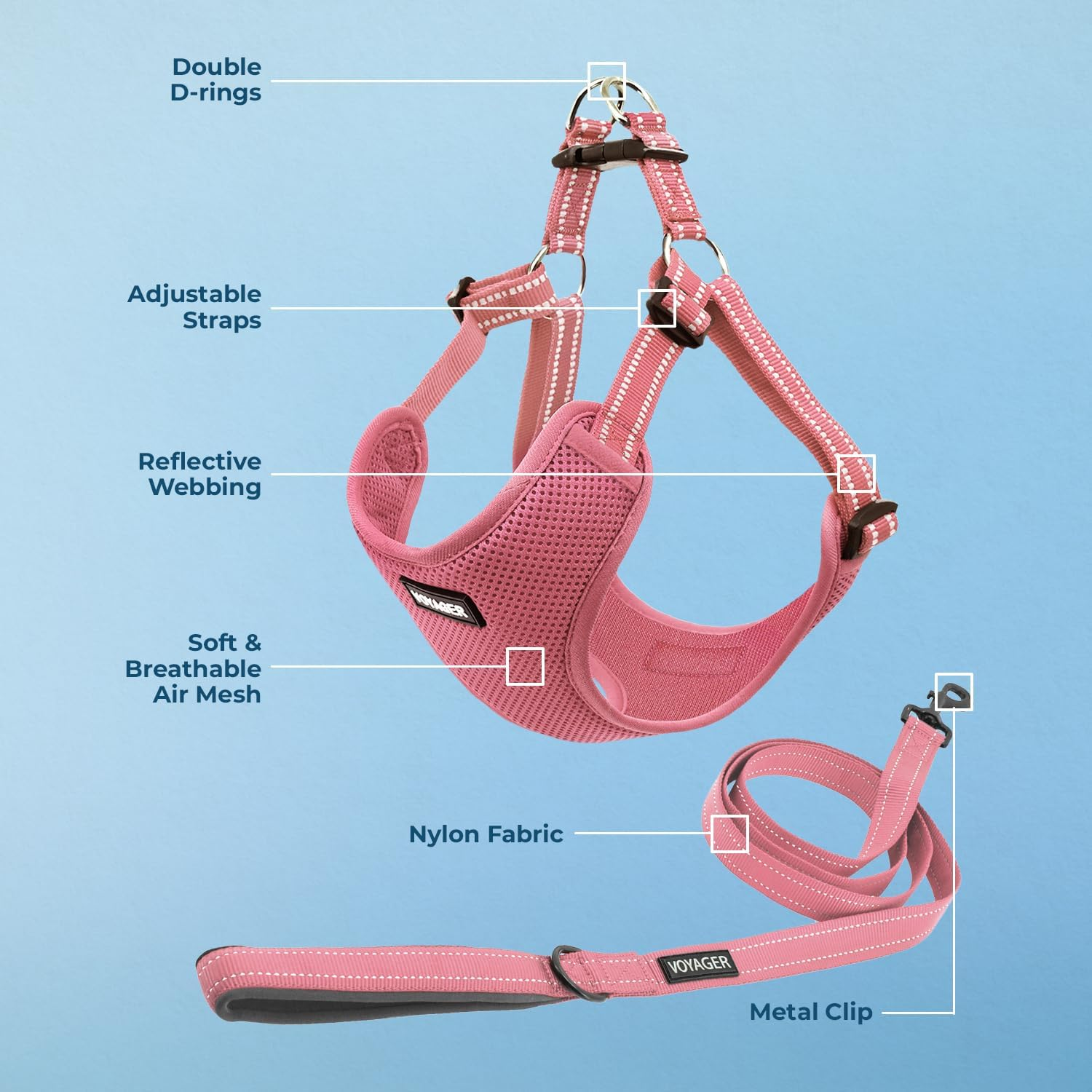 Best Pet Supplies Voyager Adjustable Dog Harness Leash Set with Reflective Stripes for Walking Heavy-Duty Full Body No Pull Vest with Leash D-Ring, Breathable All-Weather - Harness (Pink), XS image number 5