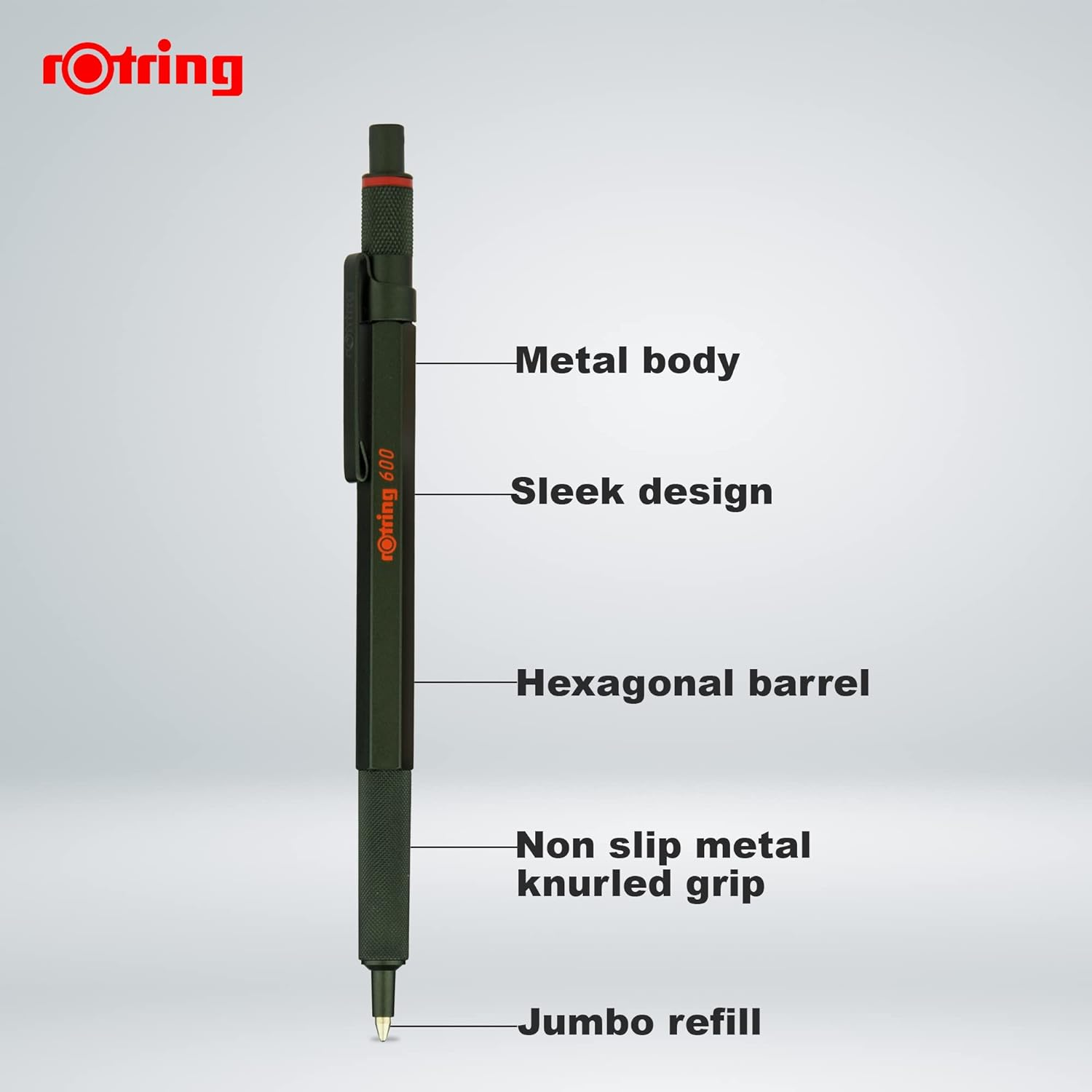Rotring 600 Ballpoint Pen | Medium Point | Black Ink | Green Barrel | Refillable image number 2
