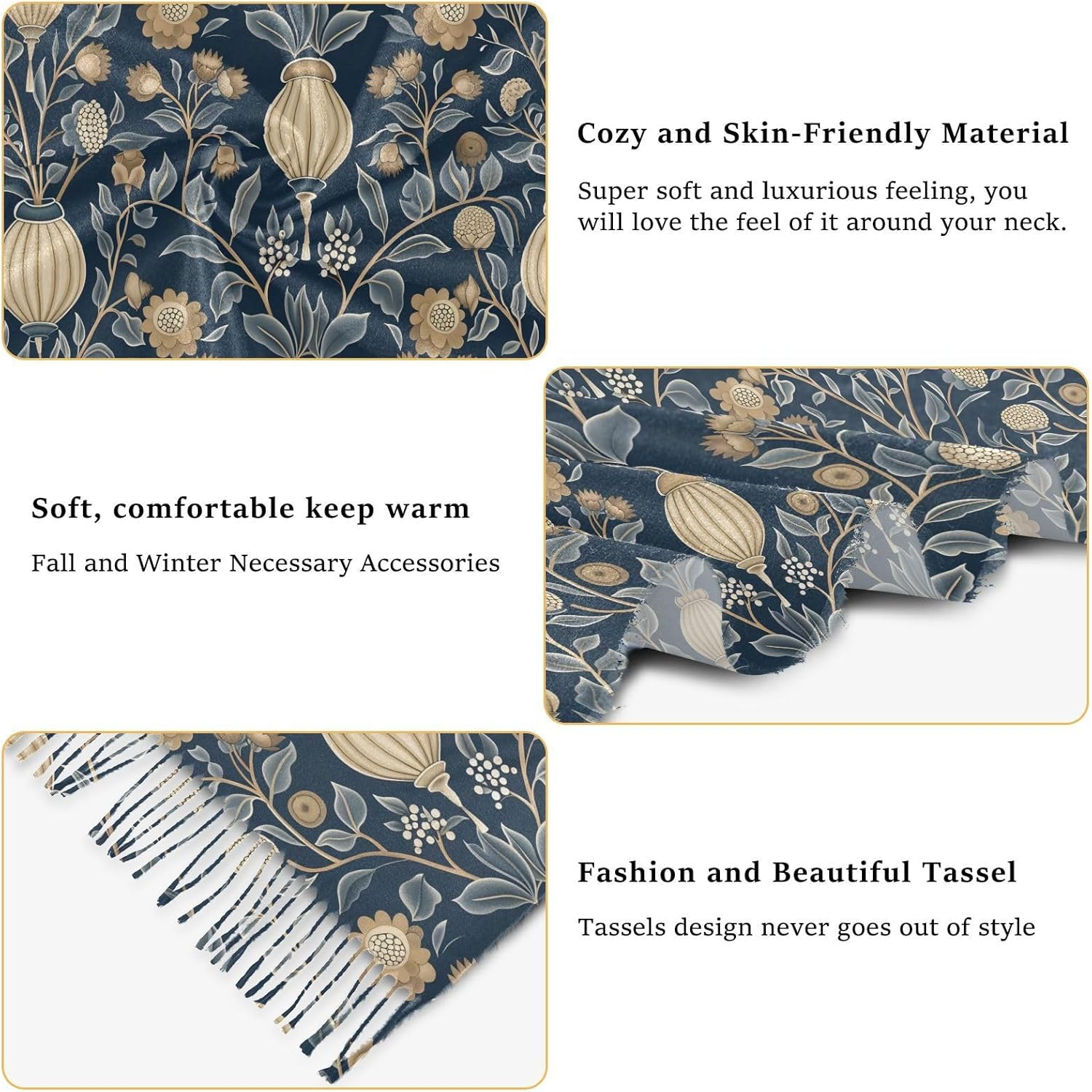 Trendy Cashmere Feel Scarf Winter Accessories for Women William Morris Style Rustic Ethnic Floral Dark Blue Bufandas Y Chales Para Mujer image number 3