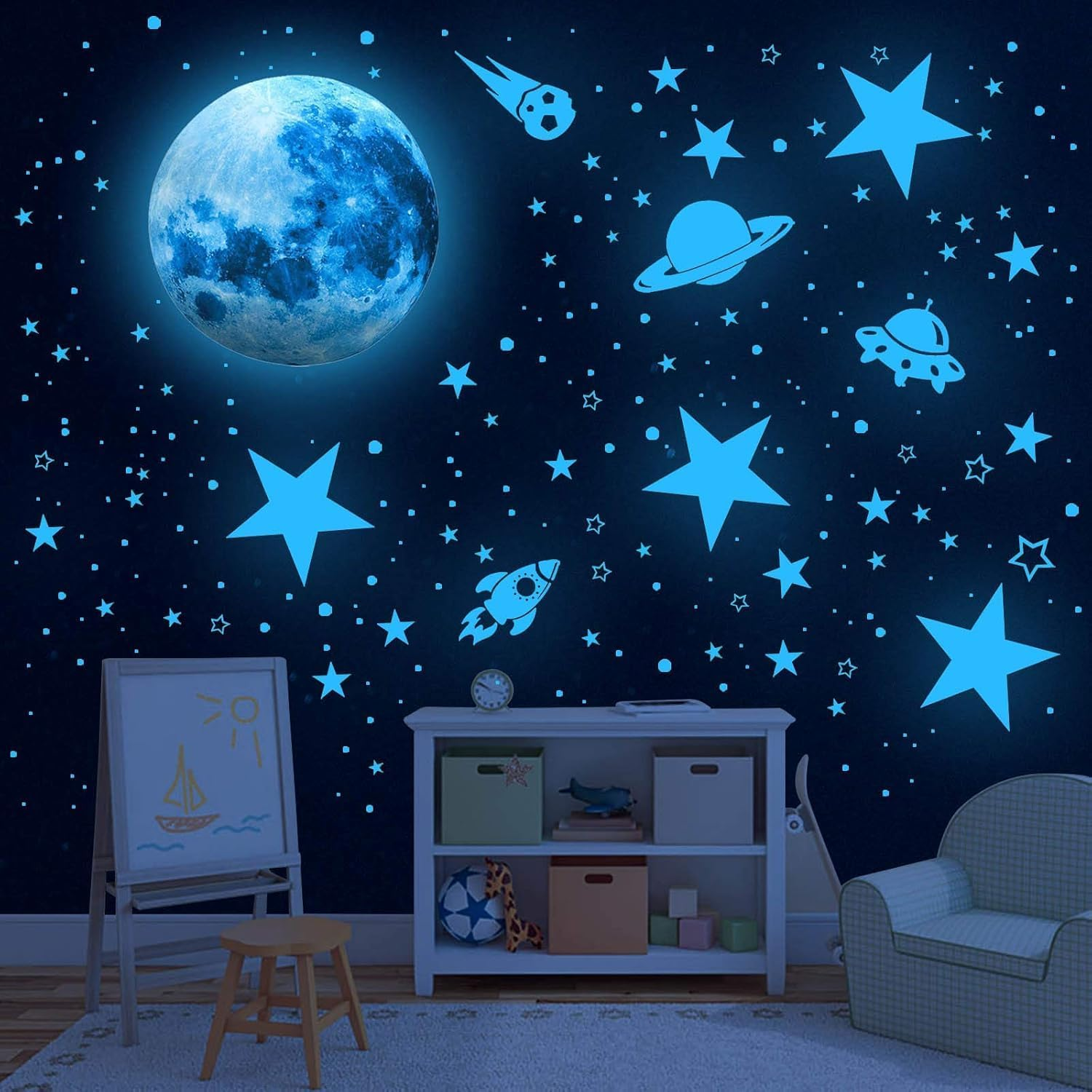 1120Pcs Glow in the Dark Stars Wall Stickers, Glow in the Dark Stars Ceiling, Moon and Star Wall Decals Planets Solar System Wall Stickers for Kids Boys for Nursery Bedroom Living Room (Blue) image number 5