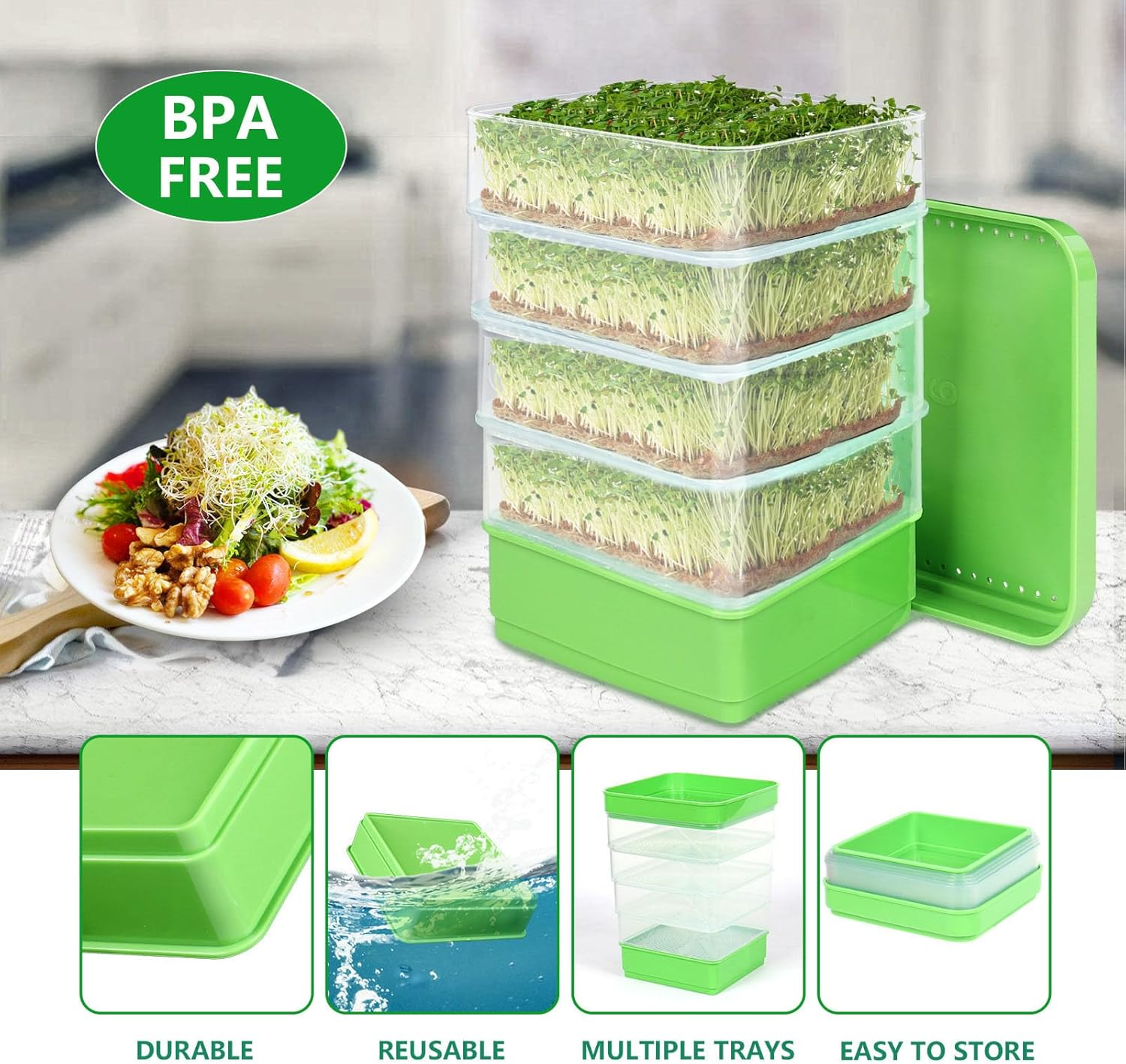 Stackable Sprouter Kit 4 Tier, Seedling Starter Tray with Lid, Wheatgrass Seeds Grower Storage Trays, Microgreens Growing Trays Nursery Tray Seed Germination Tray (With Sunshade) image number 3