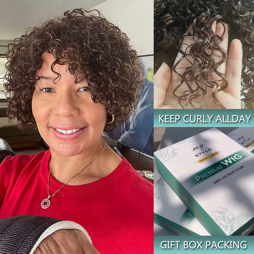 HUA Kinky Curly Short Wigs for Black Women Human Hair Chocolate Brown Mix Medium Auburn Curly Human Hair Wigs for Black Women Glueless 4/30 Color Short Wigs for Women - Heya 1B image number 4