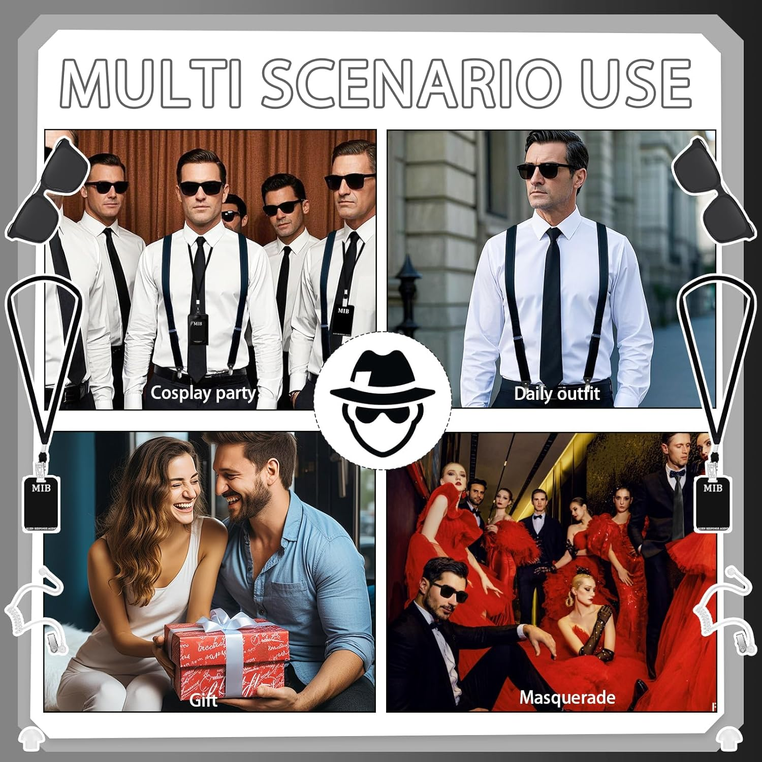 7PCS Agent Costume Accessories Set, Secret Service Fancy Dress Kit, Adult Spy Outfit with Suspenders Sunglasses Necktie Earpiece Zip Tie ID Card Holder for Men Cosplay Dress up Party Props image number 1