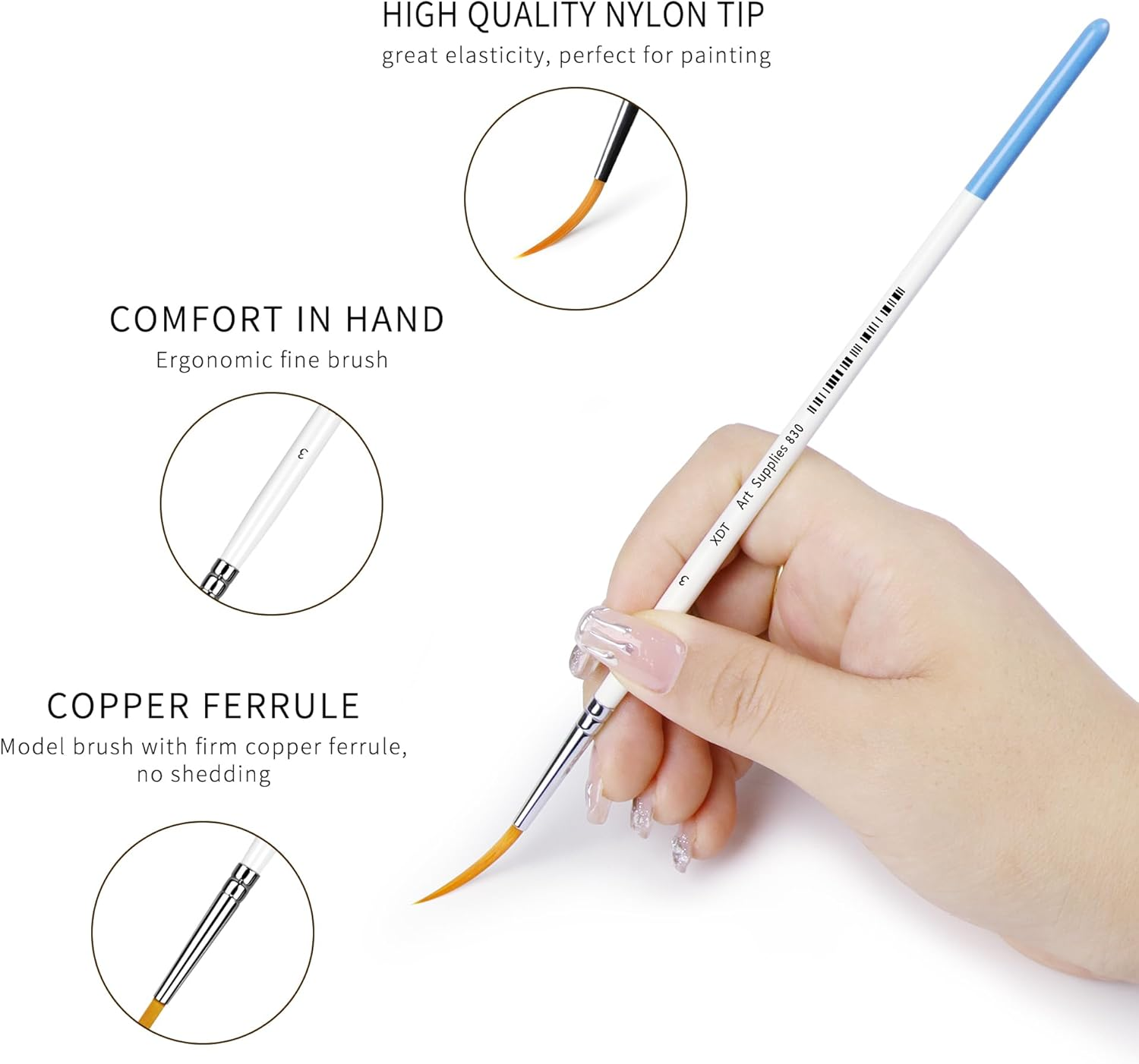 XDT#830 Rigger Artist Paint Brush 6 Piece Set Extra Long Fine Point Liner Tip #000#00#0#1#2#3, Scale Models Nail Acrylic Oil Watercolor image number 3