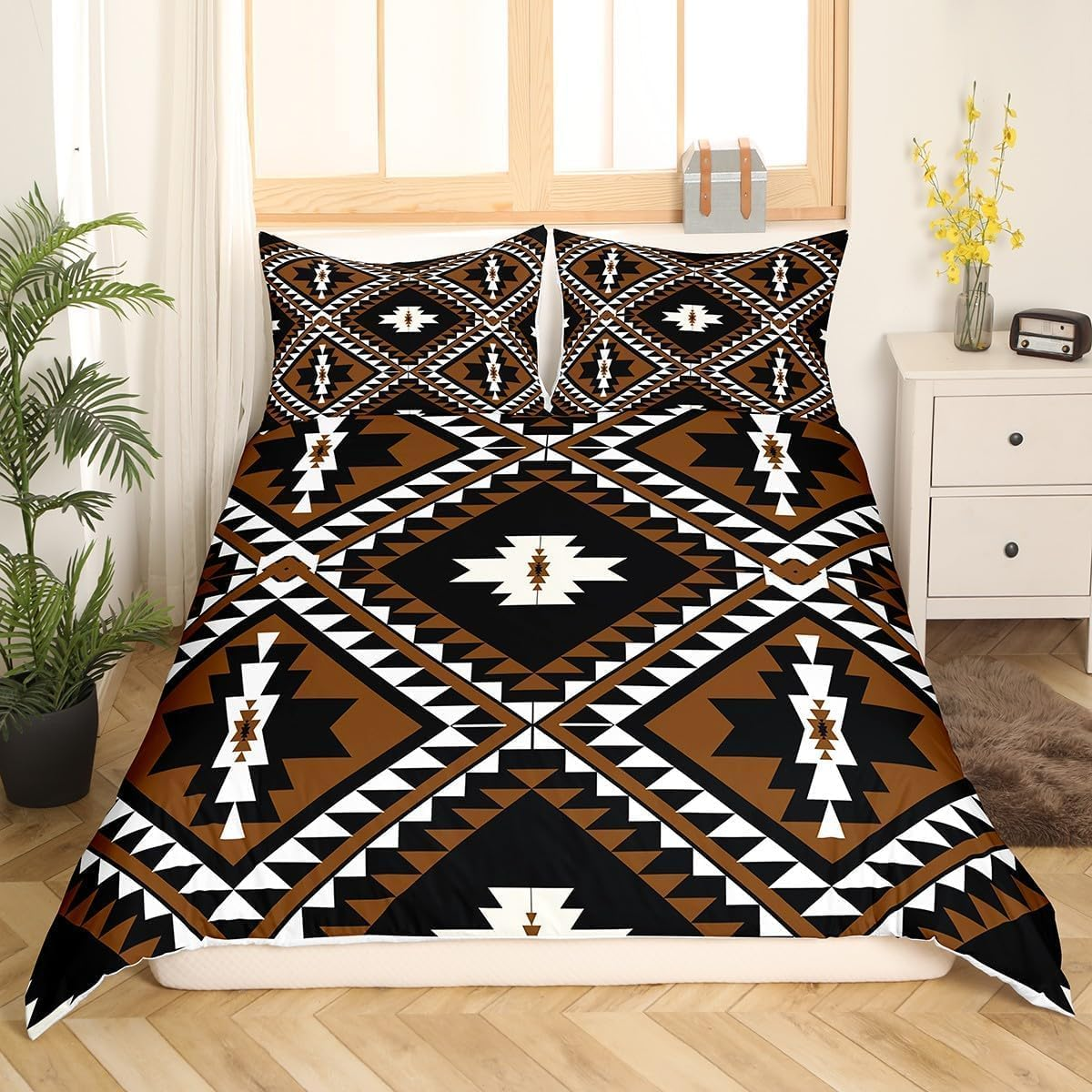 Homewish Aztec King Size Duvet Cover Set for Adults Women Men - Southwestern Bohemian Bedding Set with 2 Pillowcases - Boho Geometric Pattern Quilt Cover Black Reversible - Western Bed Sets
