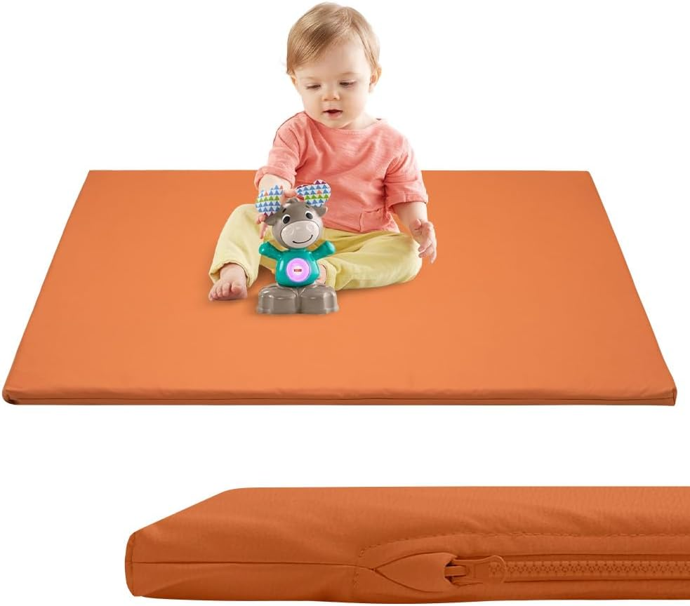 Playpals Baby Play Mat, Extra-Thick Vegan Leather Activity Mat with Washable Removable Cover, Non-Slip Cushioned Crawling Mat for Infants, Babies & Toddlers, Easy-Clean Floor Mat, 121X121Cm Brown-Orange image number 2