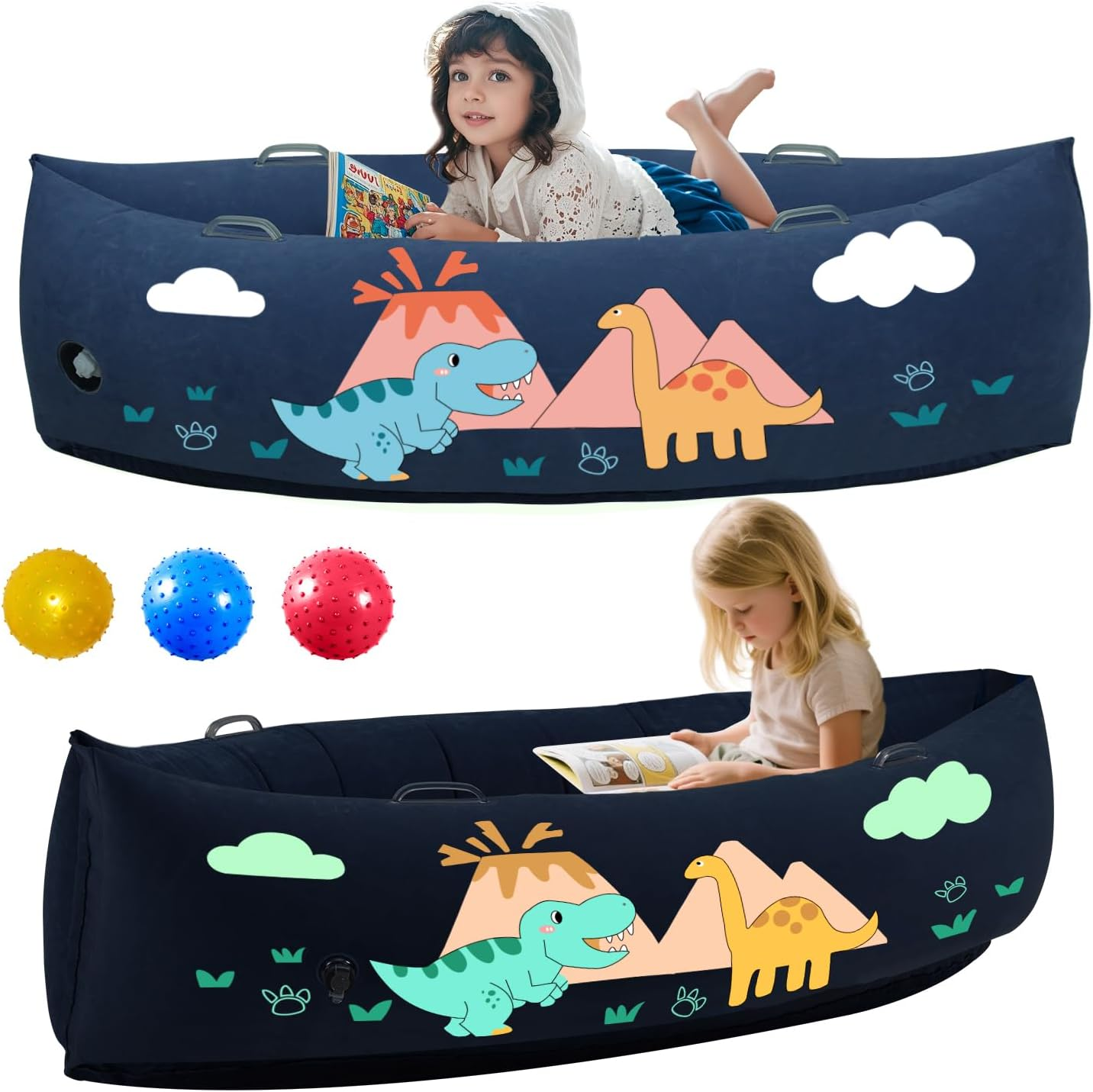 Sensory Chair for Kids, 60" Inflatable Sensory Peapod for Autistic Children, Includes Electric Pump & 3 Sensory Balls, Full Body Calming Pressure, Glow-In-Dark(Dinosaur)