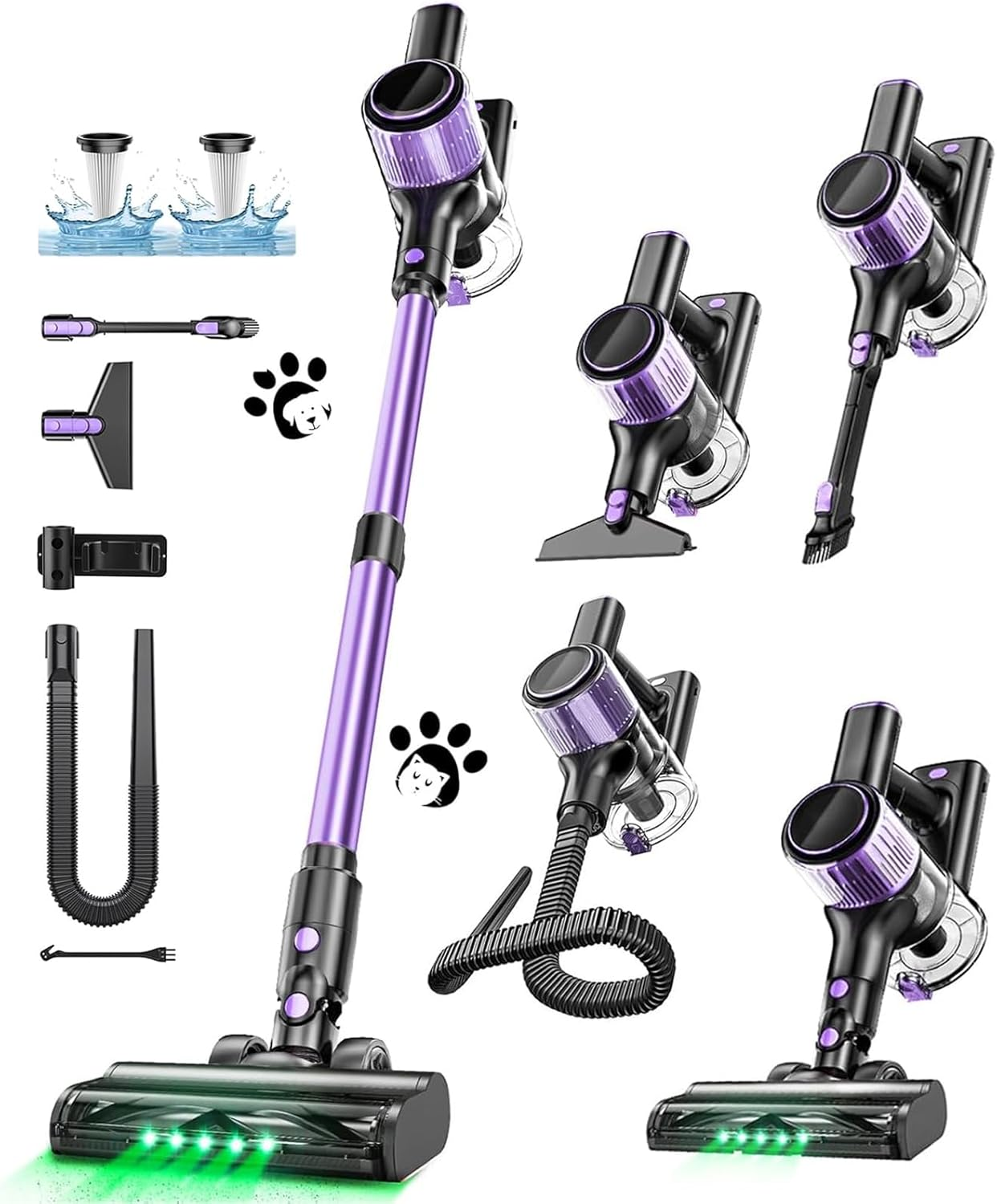 Cordless Vacuum Cleaner, 10-In-1 Stick Vacuum with Powerful Suction, Hose, Anti-Tangle Brush, Green LED Light, Lightweight Rechargeable Vacuum Cleaner for Home, Hardwood Floors, Carpets, Pet Hair image number 2
