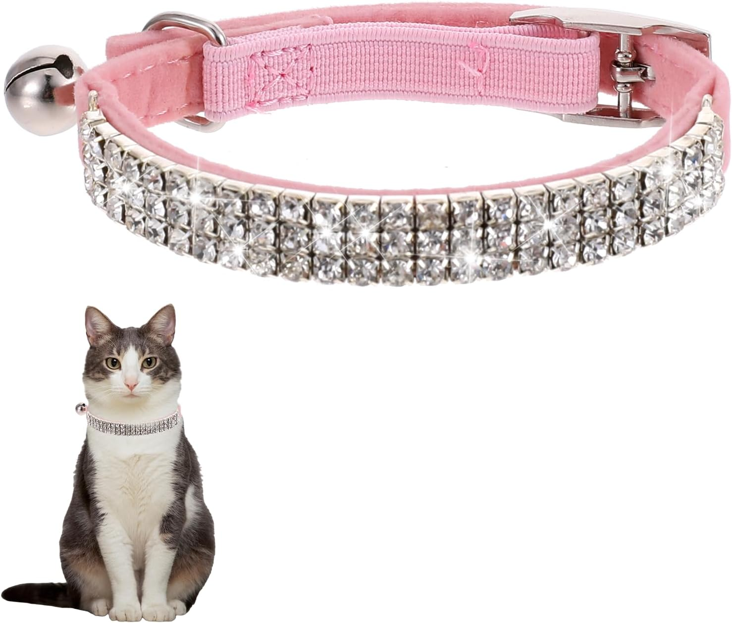 Psyqtsuary Pink Cat Collar with Bell, Rhinestones, Soft Breakaway Collar, Adjustable, Cute Cat Collar, Bling Cat Collar, Cat Accessories, Small Dog and Cat image number 3