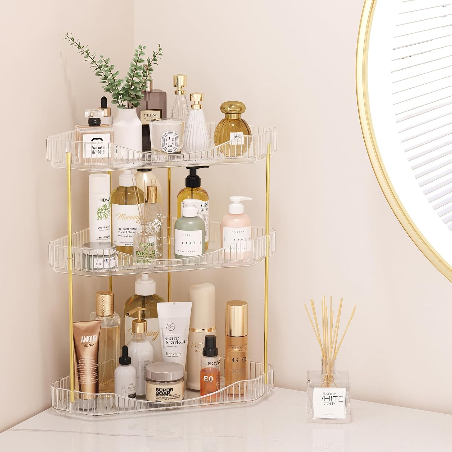 Lifewit 3-Tier Bathroom Organiser Countertop Storage, Plastic Makeup Skincare Organiser, Vanity Perfume Trays Counter Shelf, Corner Shower Caddy, Corner Storage in Dresser, Bedroom, Kitchen, Clear image number 3