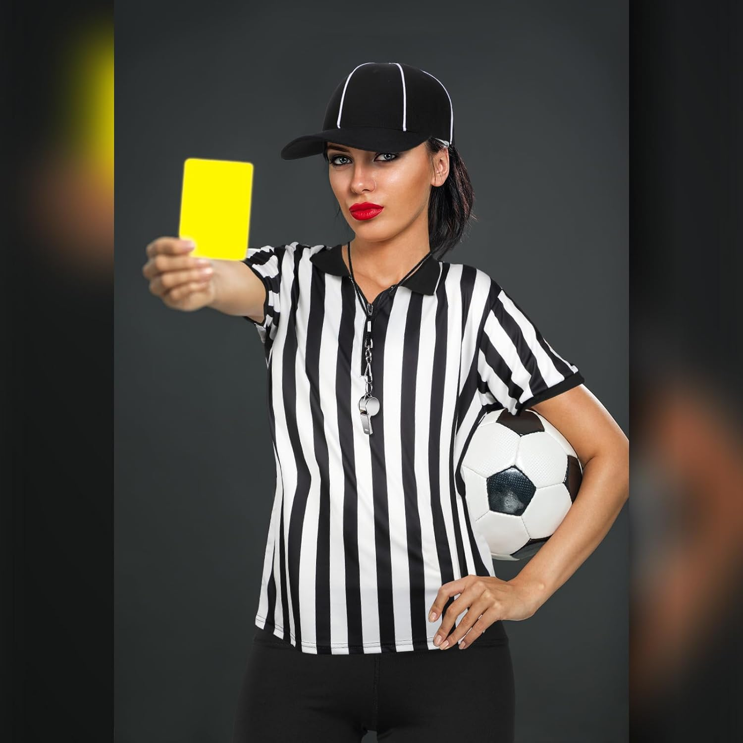 Women Referee Costume Black and White Stripe Ref Shirt Jersey Shorts Referee Hat for Carnival Party Halloween Cosplay Party image number 1