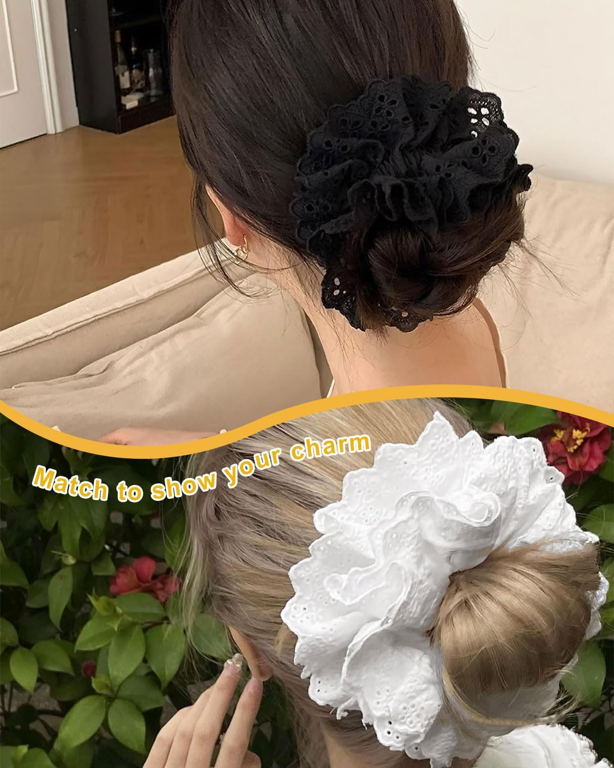 FUGLUS 2 X Elastic and Soft Hair Bobbles for Women, Large Elastic Hair Bands, Lace Suitable for Women, Thick and Long Hair, Large Curly Hair image number 5