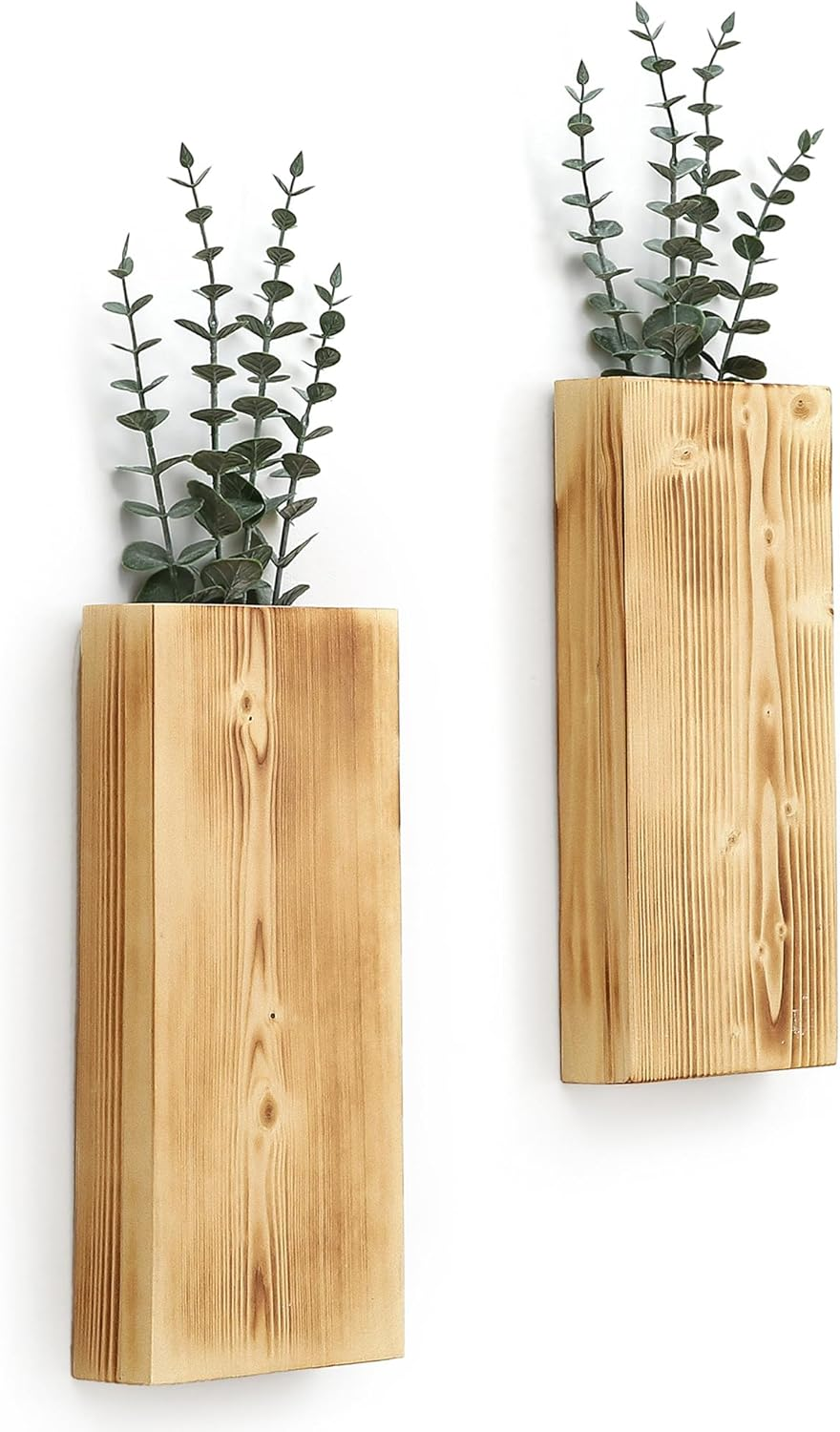 Wood Wall Planter Set of 2, Wood Wall Pocket for Greenery and Dried Flowers, Indoor Wood Hanging Vase, Modern Farmhouse Wall Decor for Living Room Bedroom Office Eucalyptus Stems Decorations (Walnut)