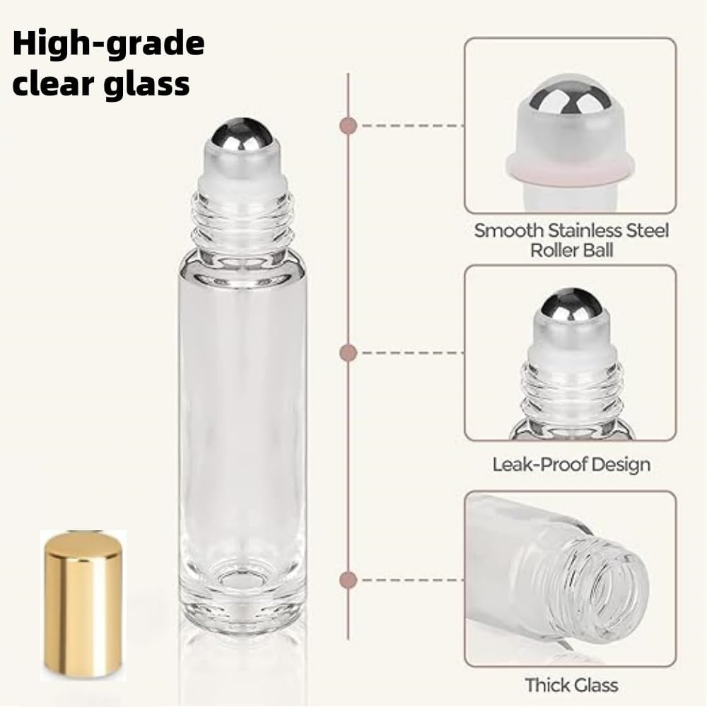 Fabselection Glass Roller Bottles, 12PCS Essential Oil Roller Bottle Refillable Empty Glass Bottle with Stainless Steel Rollerball, 1PC Opener and 2PCS Dropper Refillable Glass image number 3