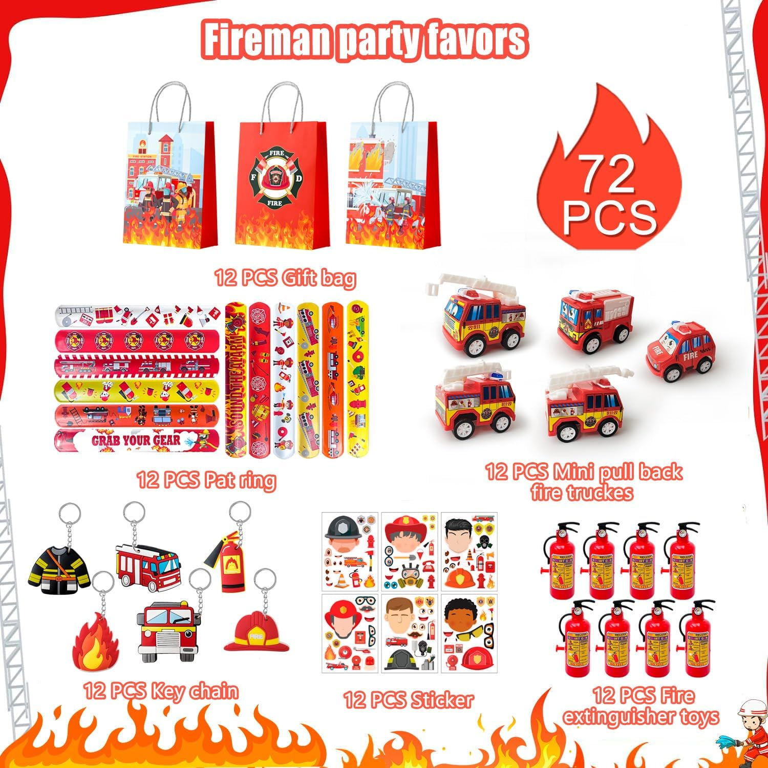 Firefighter Party Favors,72Pcs Fire Truck Party Favors Set- Firefighter Party Stickers Slap Bracelets Keychains Etc Firefighter Themed Party Favors for Firefighter Birthday Party Decorations Supplies image number 5