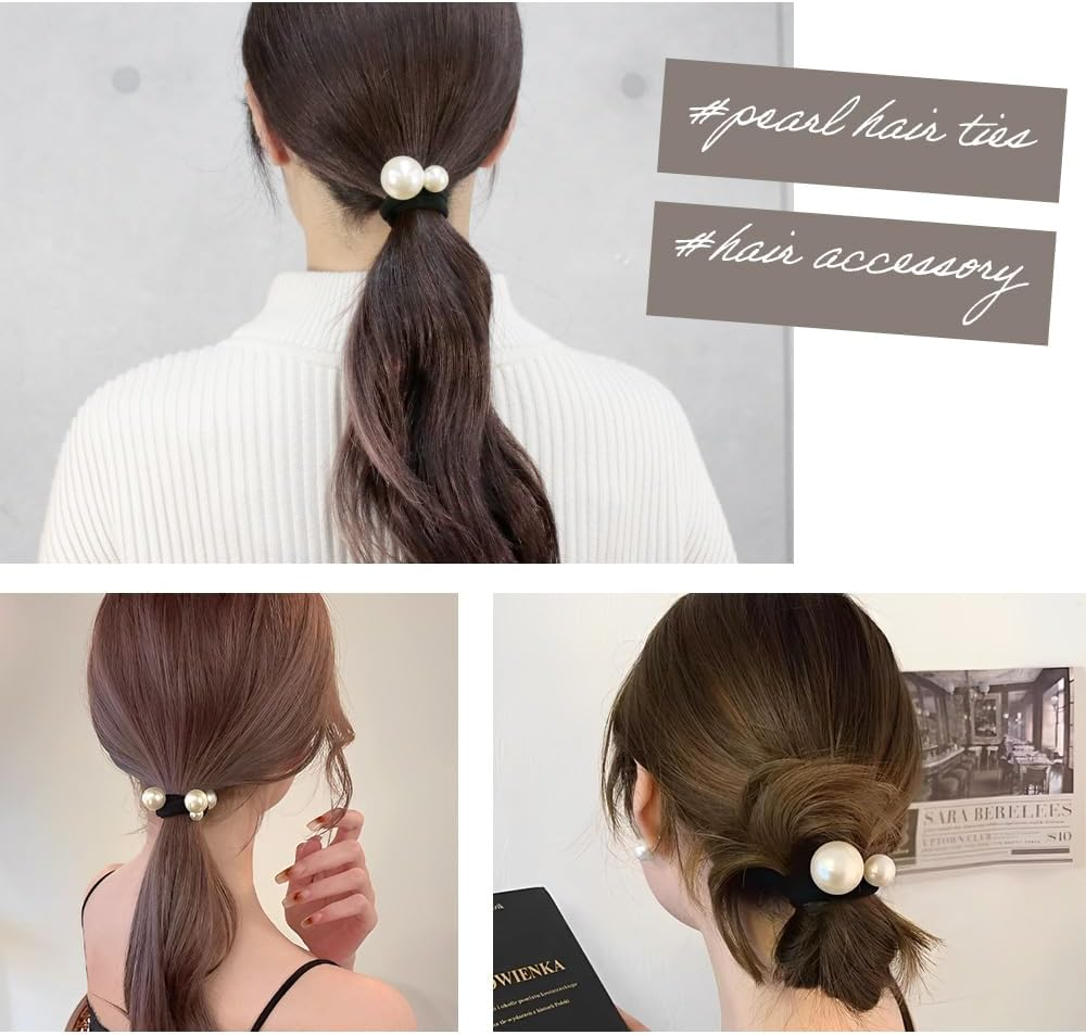 MILASIC TN-HRRP Hair Elastic Pearl Set of 4 Adults, Elegant, Stretchable, Easy to Use, Hair Arrangement, Non-Marking for Women, Girls, Stylish, Cute, Women'S, Pearl, Stretchable, Black, Ornamental Elastic Gift, Pearl Rubber, Hair Accessories,