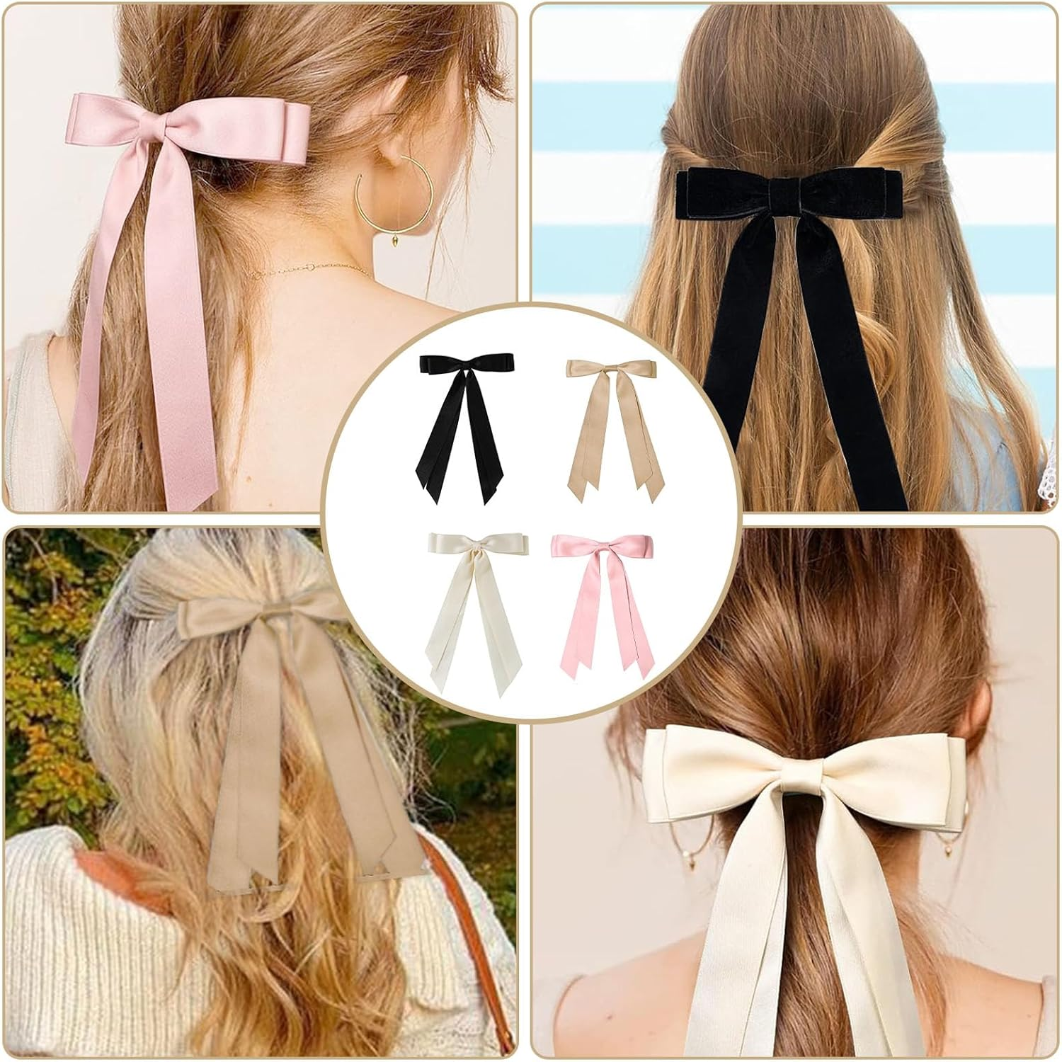 4 Pcs Long Tail Hair Bow Clips for Women, Silky Satin Big Bow Hair Barrettes, Ribbon Bowknot Clips with Tassel Claw, Ponytail Holder Slides Metal Alligator Hair Clips for Hair Accessories, 4 Colors