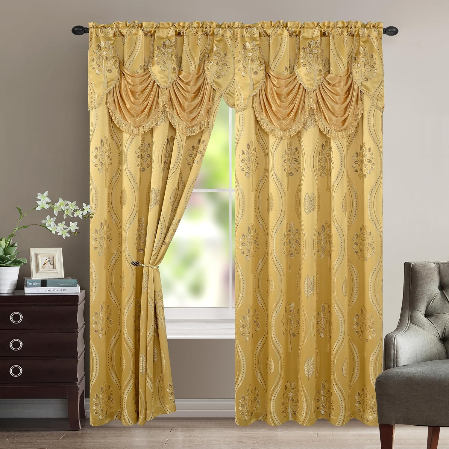 Elegant Comfort Aurora Jacquard Look Curtain Panel Set with Attached Valance 54" X 84 Inch (Set of 2), Sage