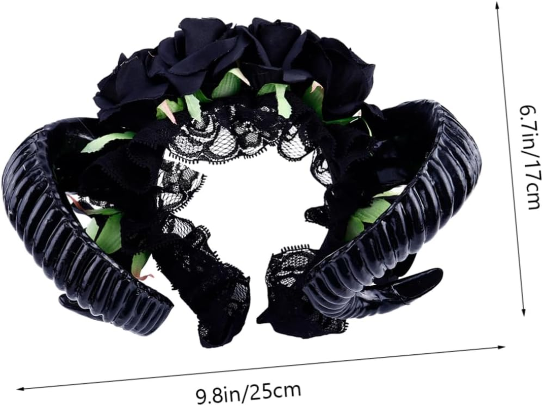 FRCOLOR Black Rose Headband Halloween Hair Band Simulation Horns Gothic Headband Hair Accessories for Vampire Demon Costume Party image number 6