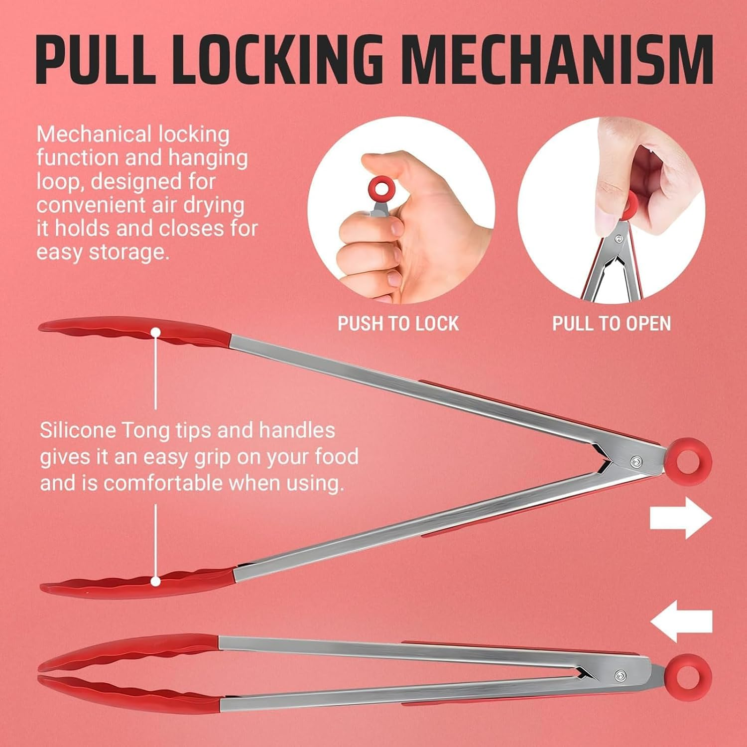 GHQHSQ Tongs for Cooking - Heat Resistant 600 Degrees Stainless Steel Kitchen Tong,Heavy Duty Metal Locking Tongs - Perfect for Food,Salad and BBQ Set of 4 (7",9" and 12") image number 2