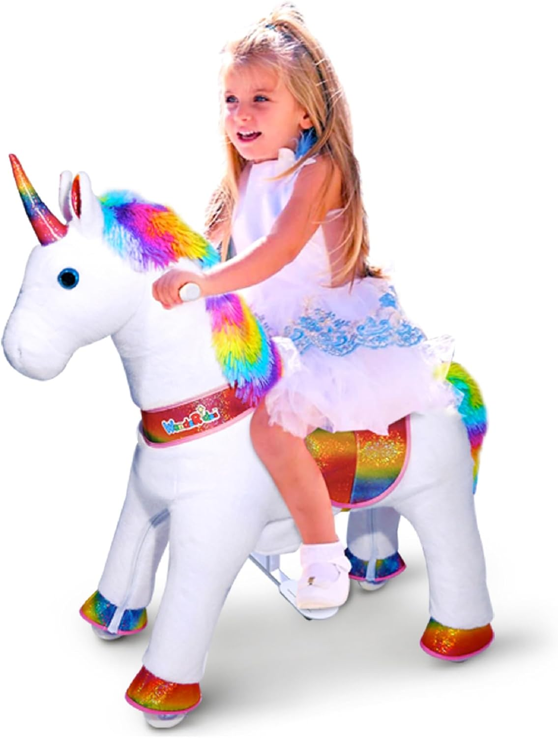 Wonderides Ride on Unicorn Plush Horse Toy for Girls Walking Animal Giddy up Pony Medium for Age 4-9 (35.8 Inch Height), Mechanical Riding Horse with Wheels