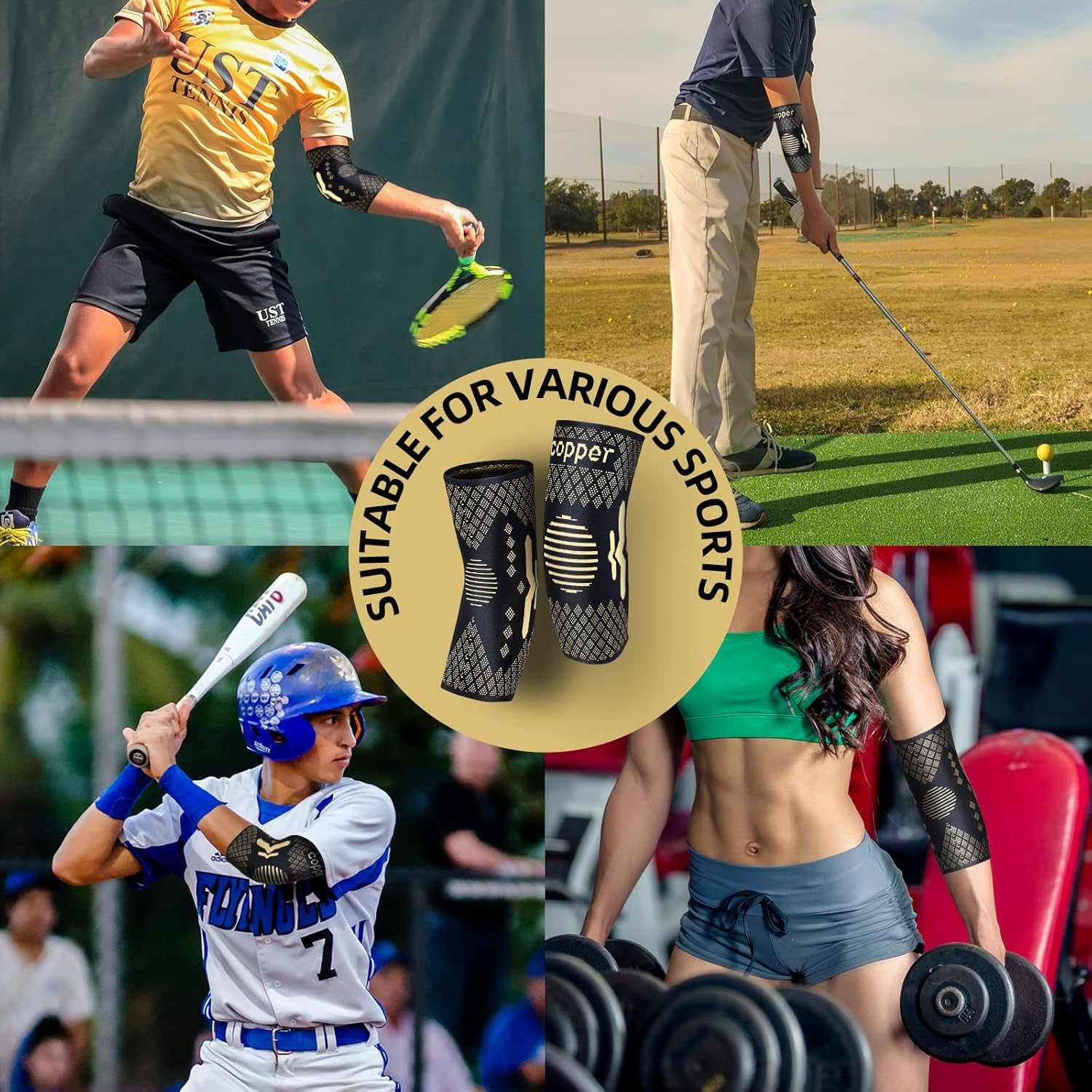 Copper Elbow Brace for Tendonitis and Tennis Elbow, Elbow Compression Sleeve for Men/Women, Elbow Sleeve Support for Arthritis, Bursitis, Joint Pain Relief, Golfers, Weightlifting, Gym, Sports image number 1