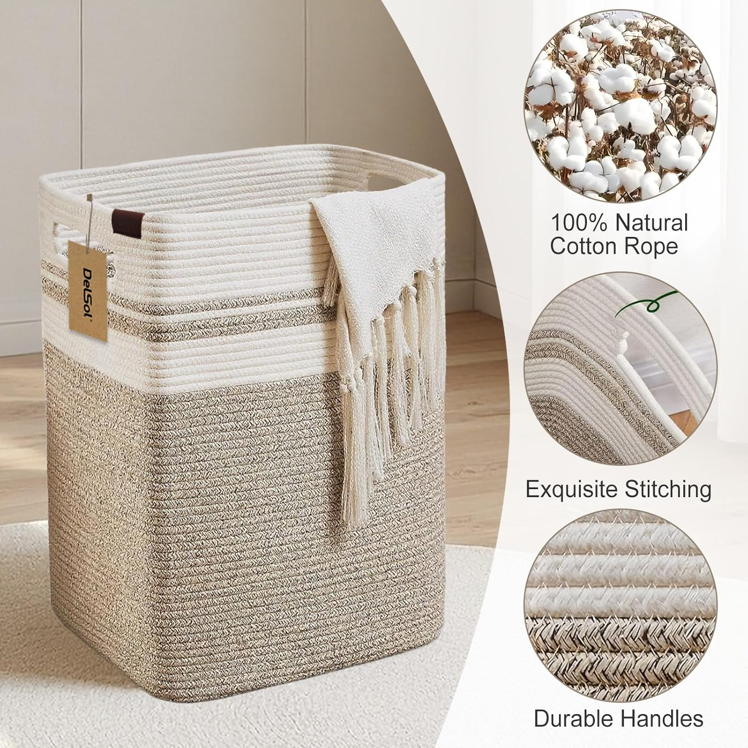 Delsol Large Laundry Basket 41X33X56Cm Tall Blanket Sorage Basket with Handles, Wicker Cotton Rope Woven Basket for Living Room Laundry Baby Nursery Pillows Clothes Towel Toy Organizer Home Decor image number 1