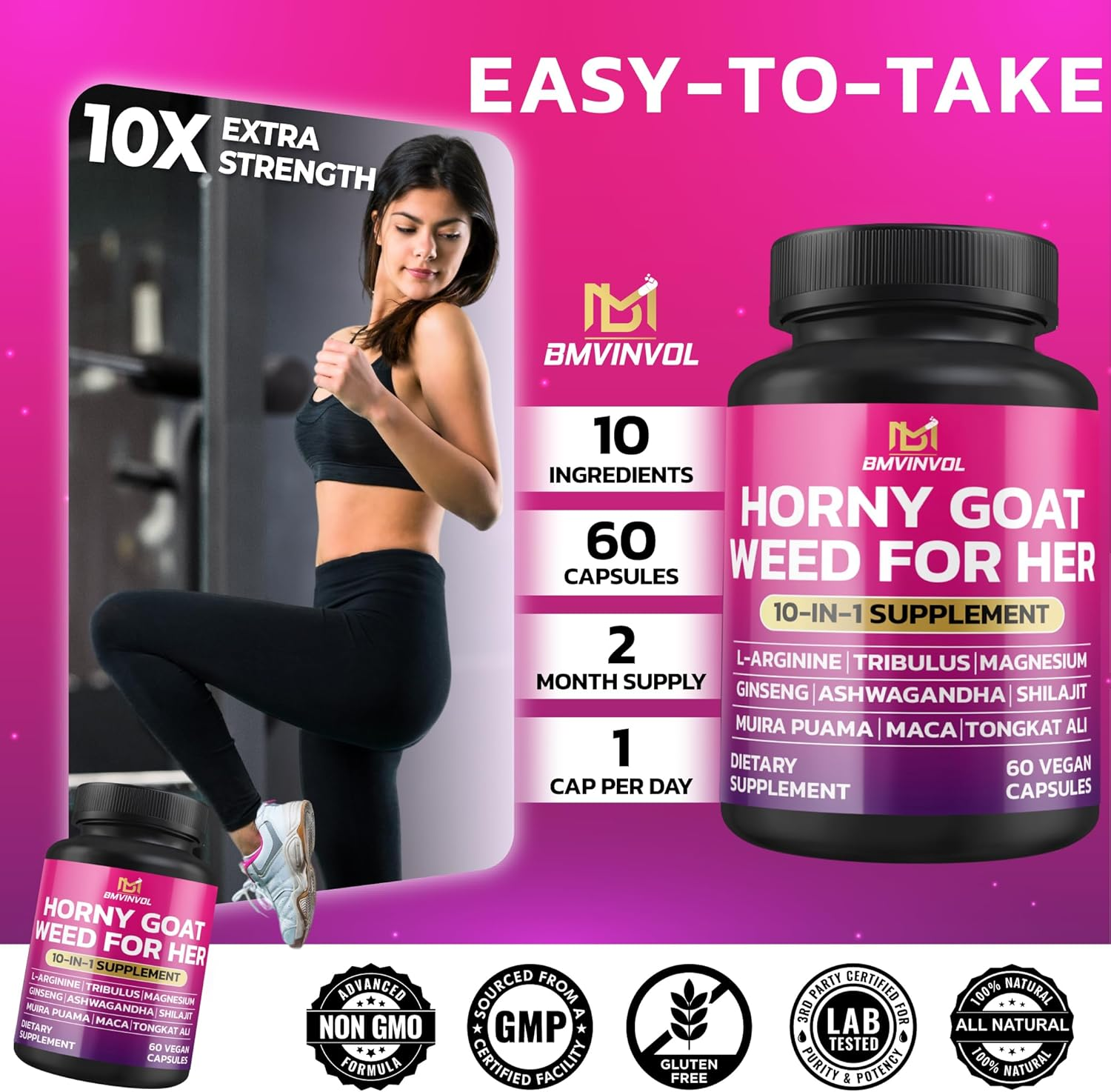 10-In-1 Horny Goat Weed for Her - Maca, Ashwagandha, Magnesium Glycinate, Tongkat Ali, Muira Puama, Ginseng, Shilajit, Tribulus Terrestris - 60 Capsules image number 5