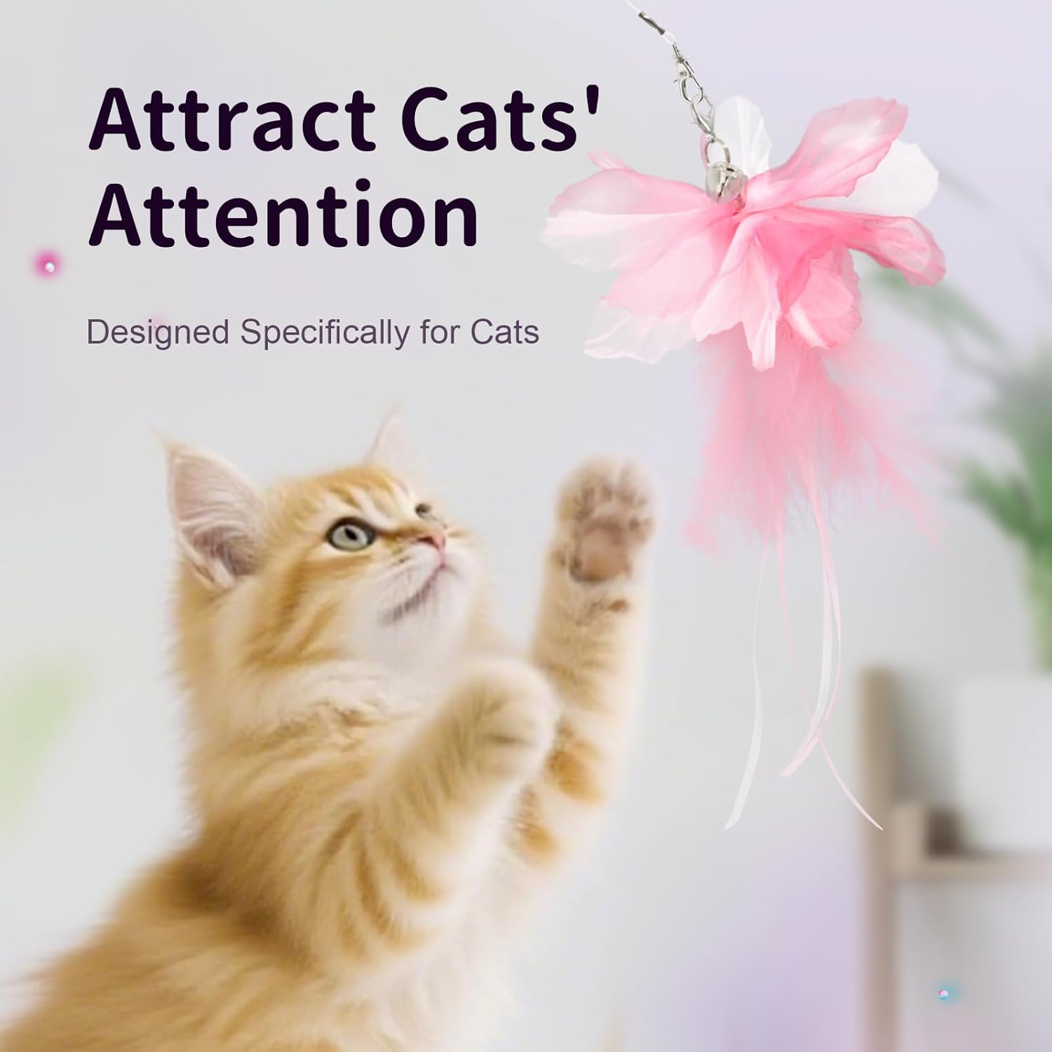 SONGWAY Cat Toys Flower with Wand, Interactive Cat Feather Toy Set - Retractable Teaser Wand with 6 Pcs Feather Refills with Bell, Cat Wand Toys for Indoor Cats Kittens Play Chase Exercise, image number 6
