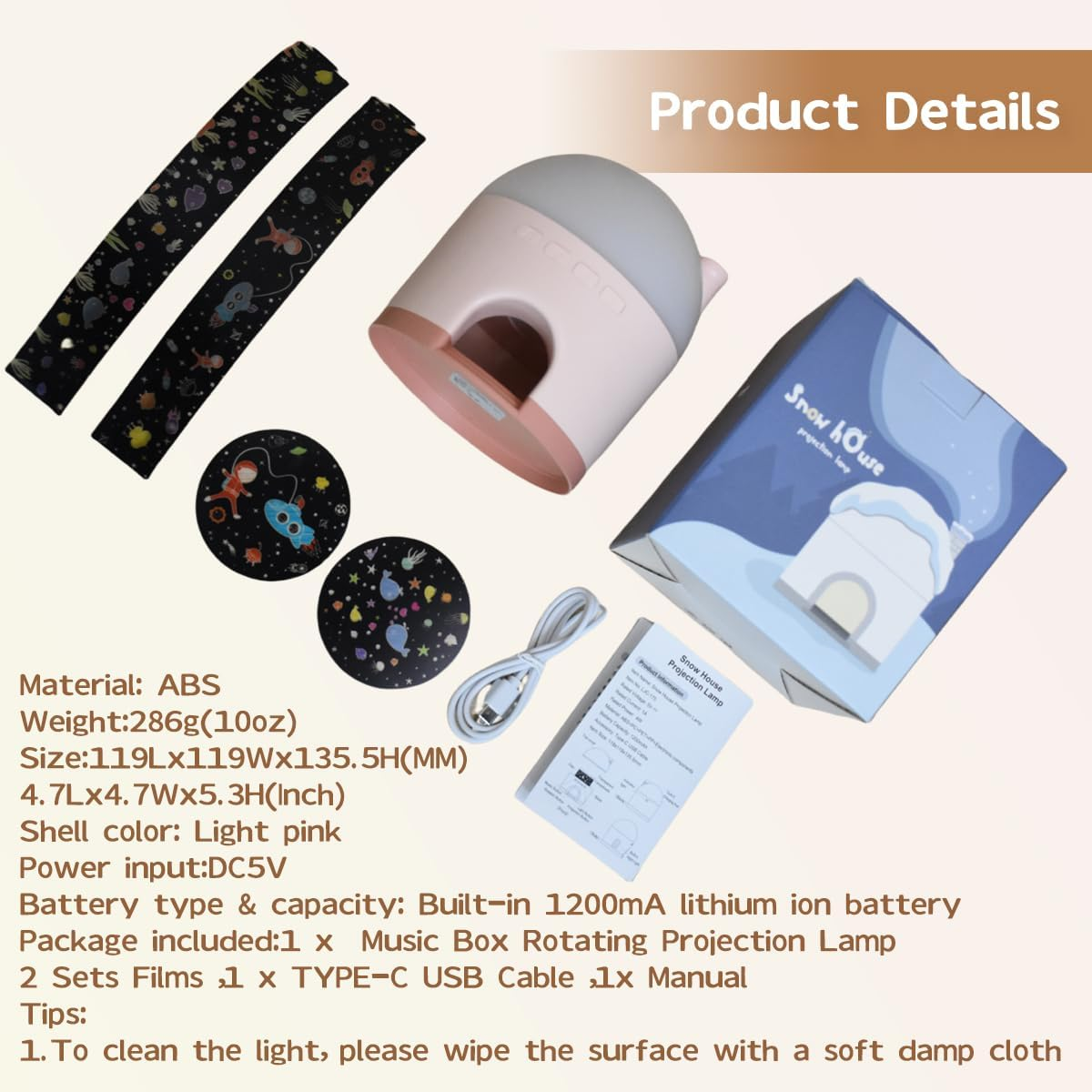 Music Box Rotating Projection Lamp, 2 Projector Modes, 3 Scenarios, Night Light for Kids, LED Portable Night Lamp, Brightness Adjustable, Rechargeable, Fabulous Ideal Gift (Light Pink) image number 1