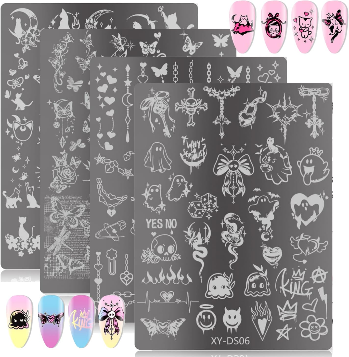 4Pcs Gothic Cute Nail Stamping Plate Set - Dark Kawaii Nail Art Templates, Stainless Steel Spooky Sweet Nail Stamp Plates with Skull & Lace Patterns for DIY Manicure Printing Tools image number 5