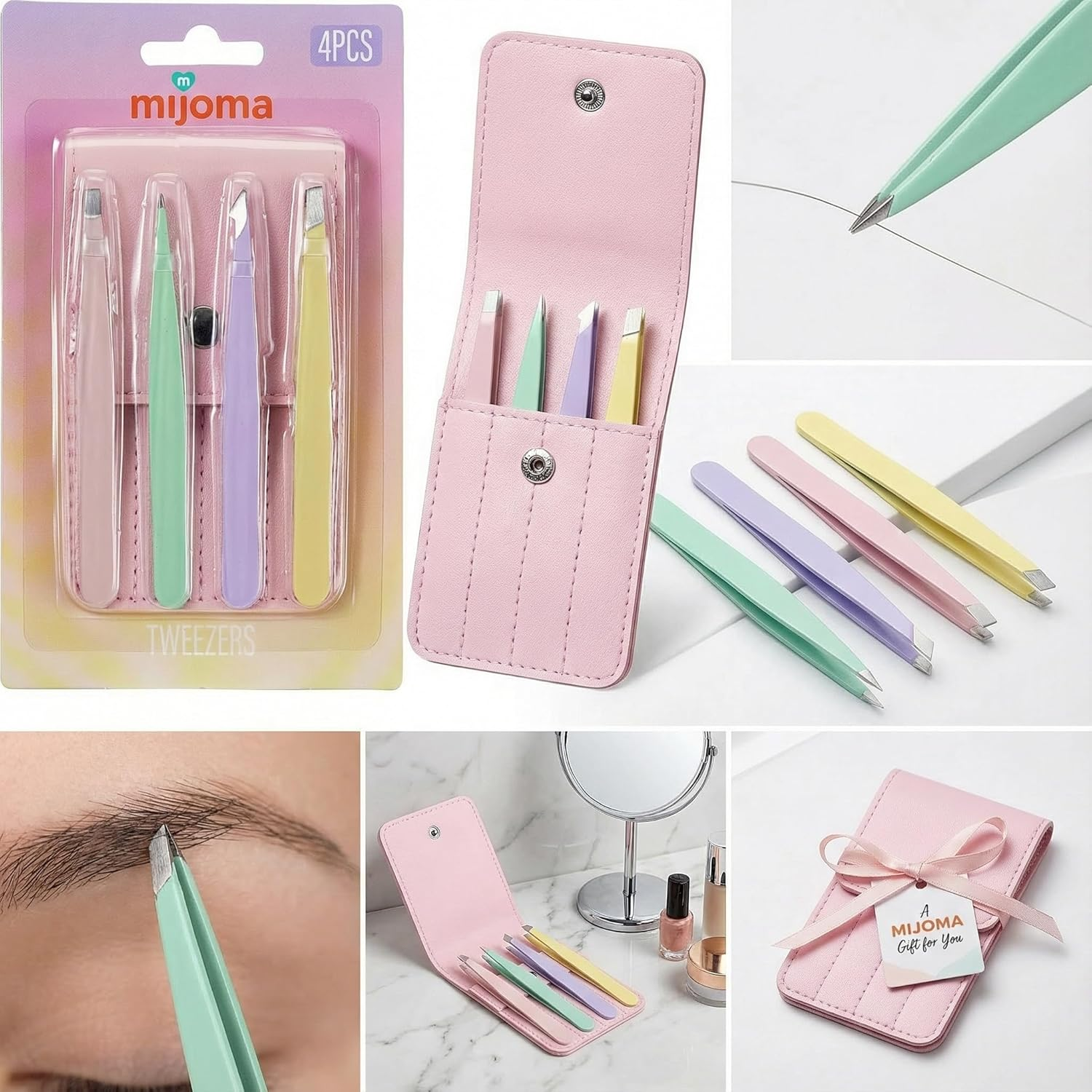 MIJOMA Tweezers Set of 4 - Stainless Steel Pastel Tweezers with PU Case - Assorted Tip Shapes for Precision & Cosmetics - Ideal for Eyebrows & Grooming image number 4