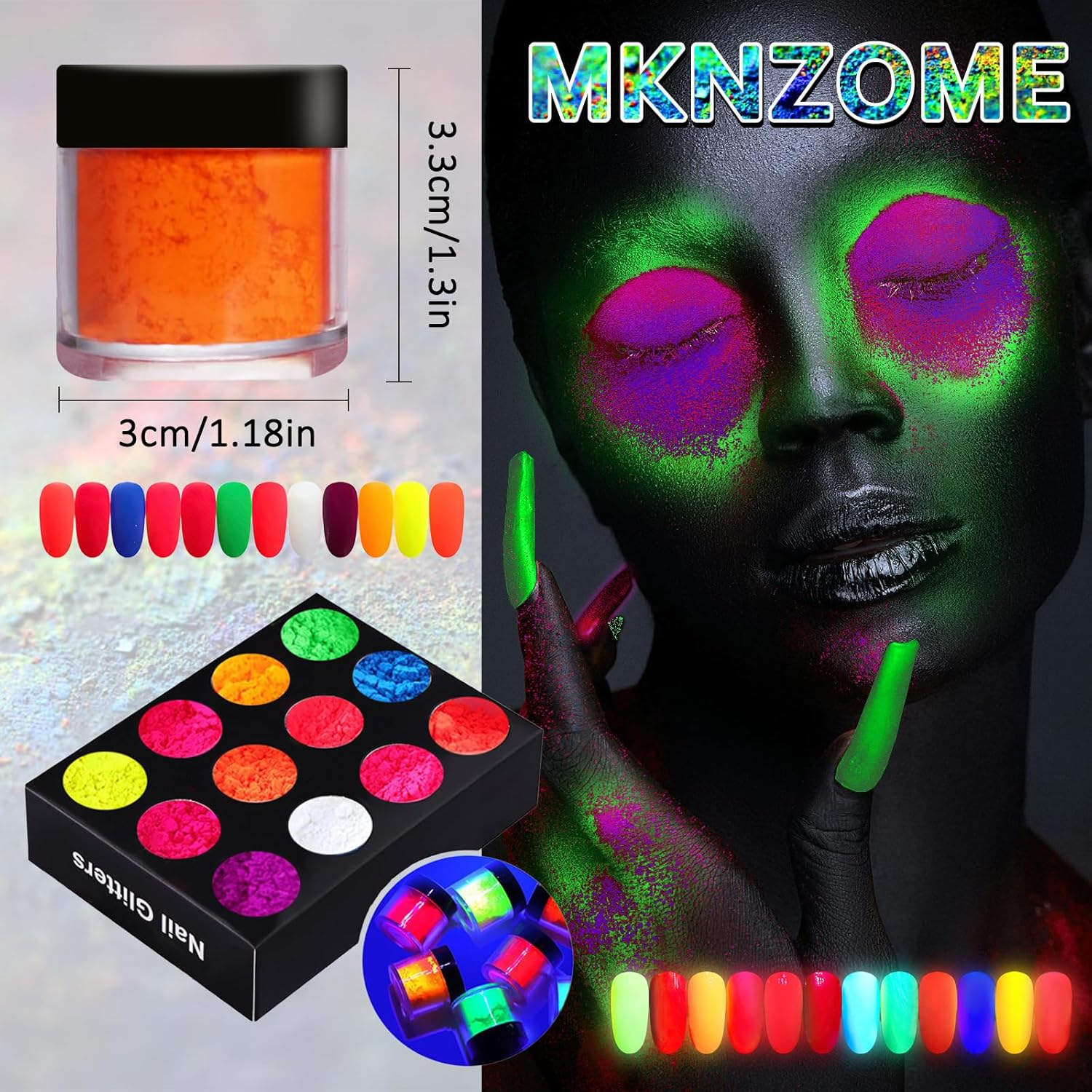 Enmart Fluorescent Nail Powder, Neon Phosphor Pigment Powder Set, Ultrafine Luminous Nail Pigment Dust for DIY Nail Decoration, Waterproof Glitter Eyeshadow, 12 Colors image number 6
