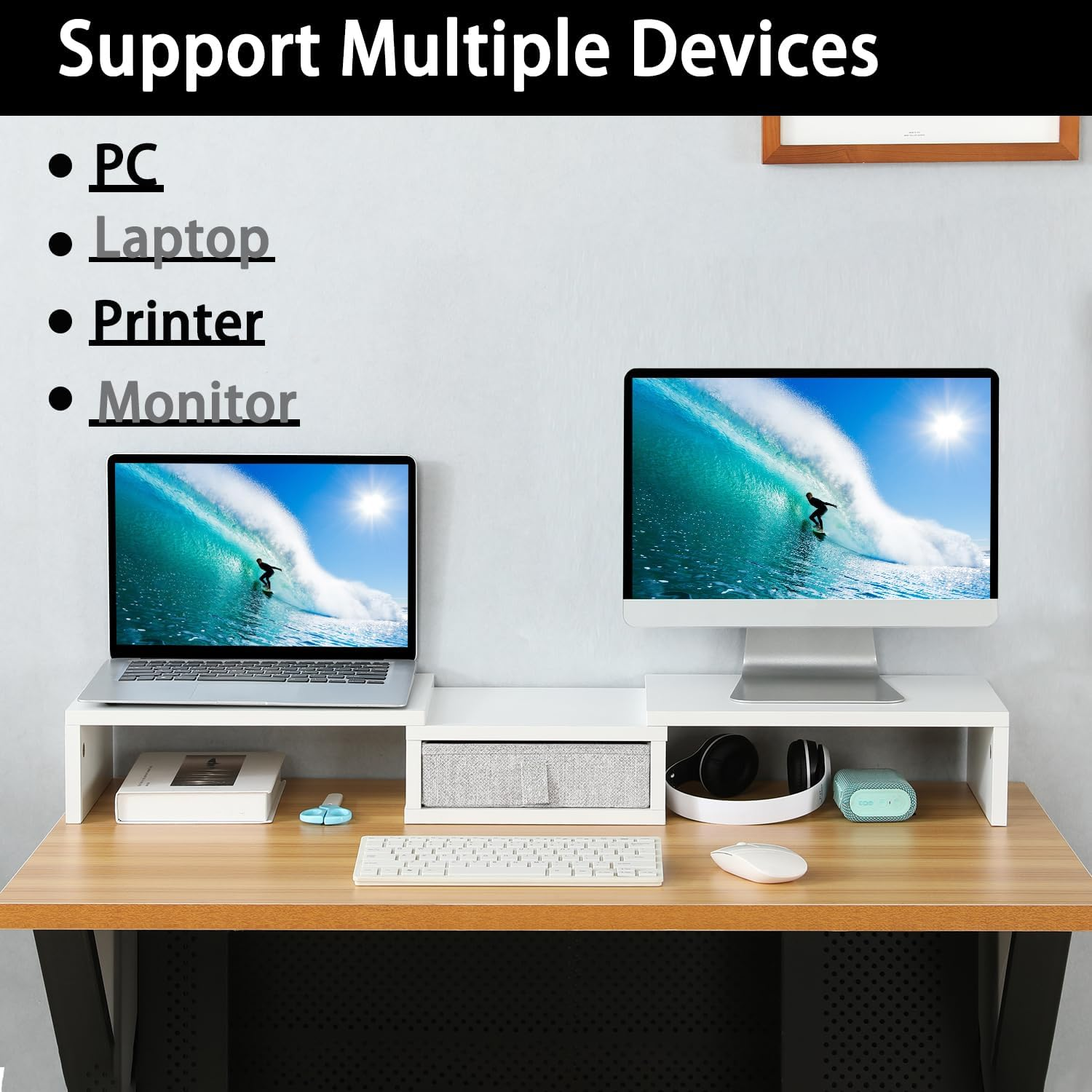 TEAMIX White Dual Monitor Stand Riser with Drawer - Length and Angle Adjustable Double Monitor Riser Corner Desk Shelf Organizer 37 Inch Long Monitor Riser for 2 Monitors/Laptop/Pc/Screen/Tv - White image number 2