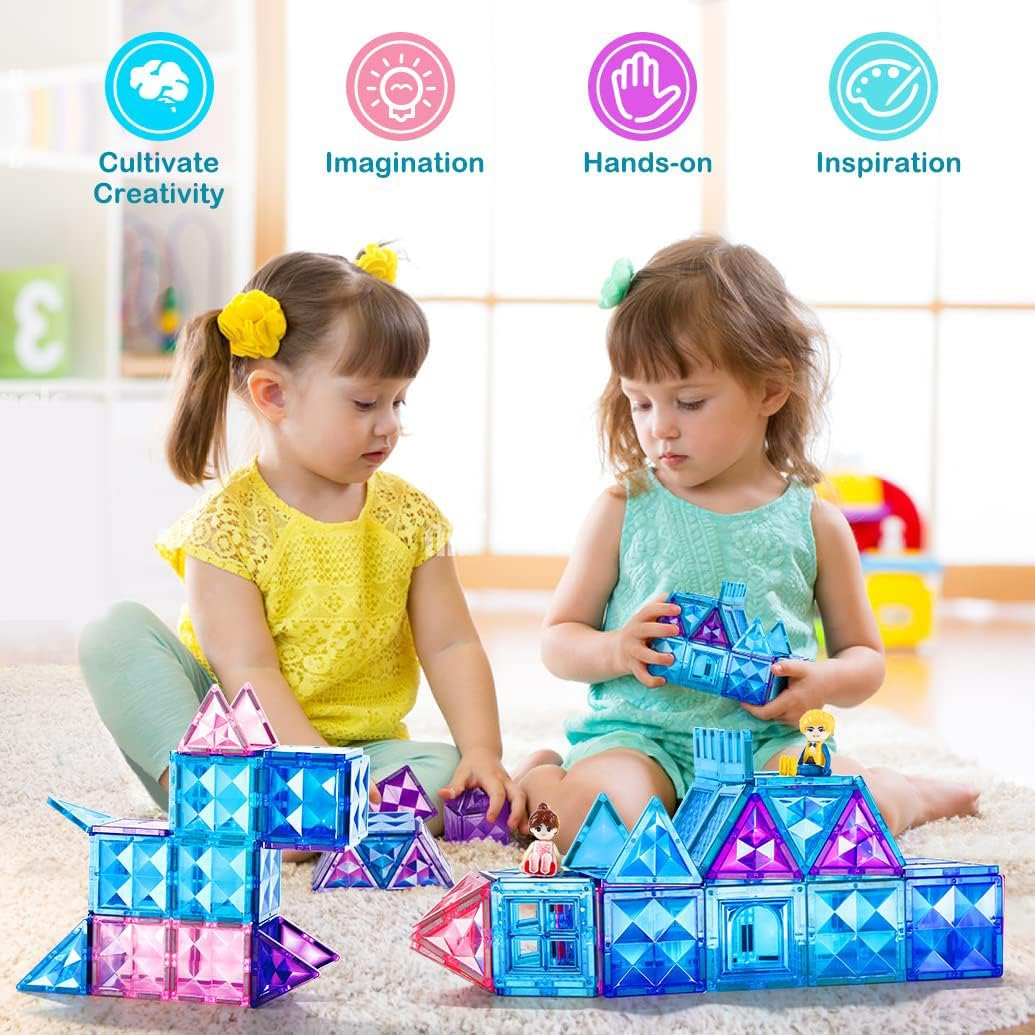 102Pcs Frozen Princess Castle Magnetic Tiles Building Blocks - 3D Diamond Blocks, STEM Educational Toddler Toys for Pretend Play, 4 Year Old Girl Birthday Gifts Kids Ages 3 5 6 7 8 image number 6