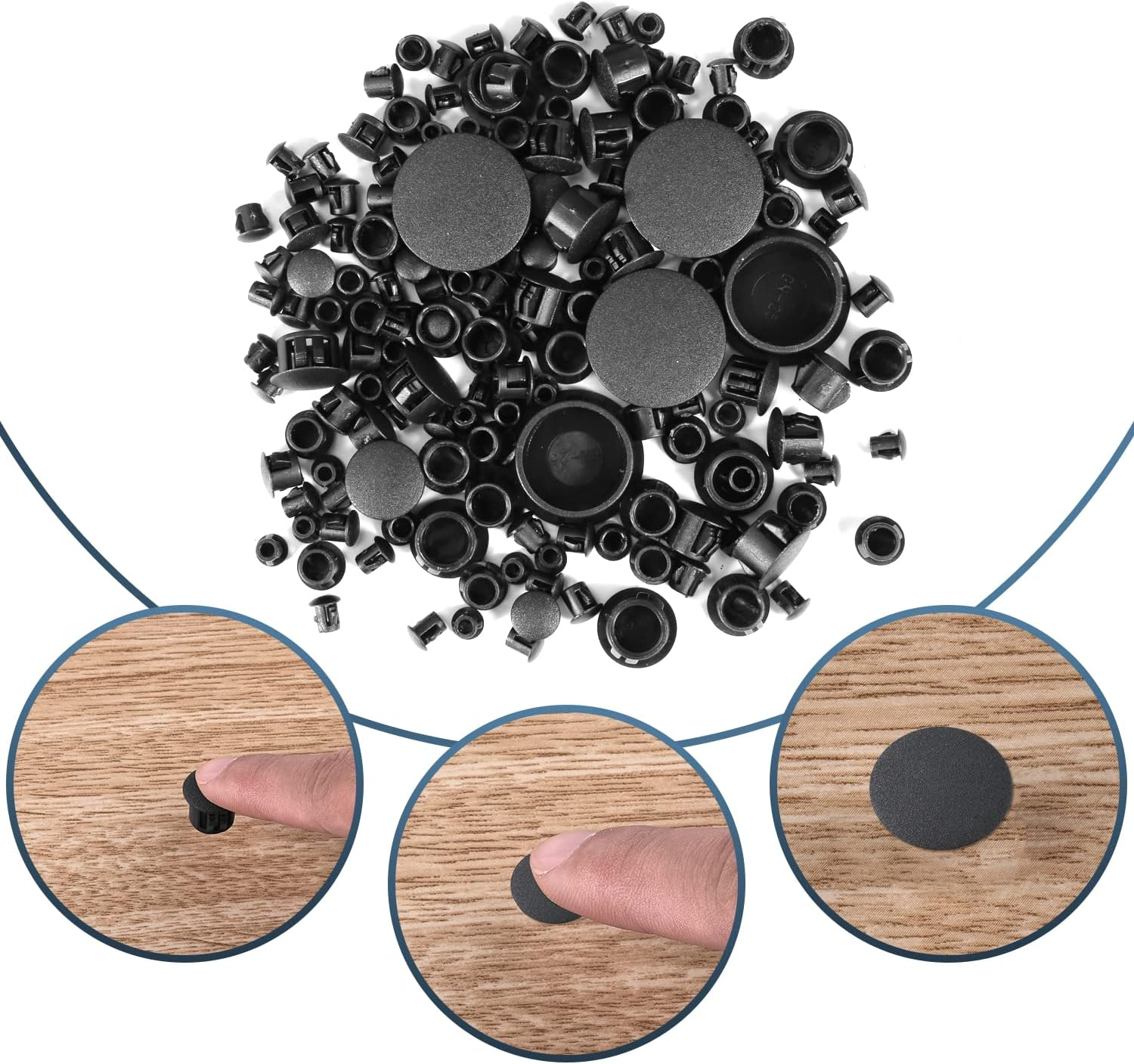 Savita 155 Pcs 6 Sizes Plastic Hole Cover for Desk, 3/16", 1/4", 5/16", 3/8", 1/2", 1" Plastic Hole Plugs Furniture Hole Plugs for Kitchen Cabinet Furniture (Black) image number 3
