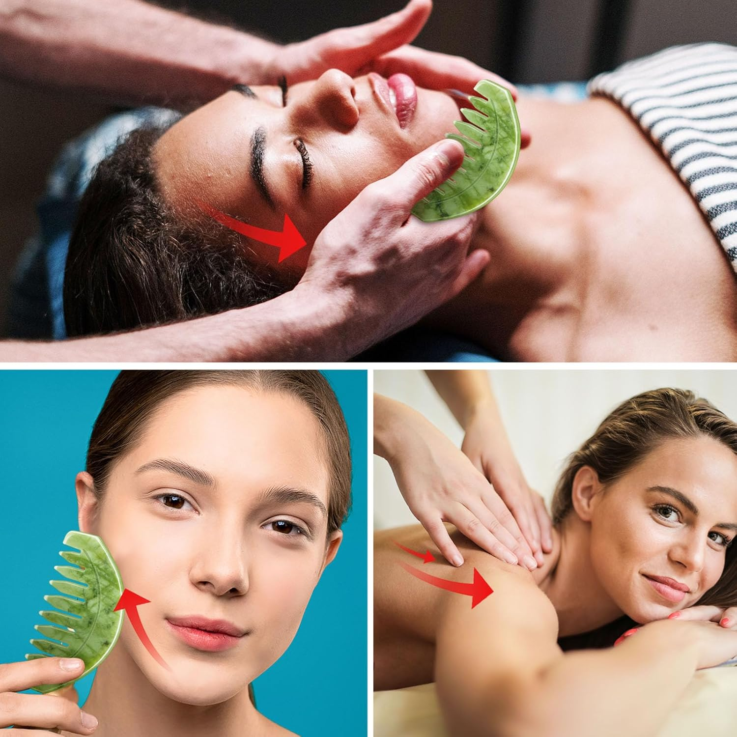 BBTO 2 Pcs Jade Comb for Scalp Massage Gua Sha Comb for Head Body Spa Hair Multifunctional Handheld Massage Tools(Round, Classic Style)